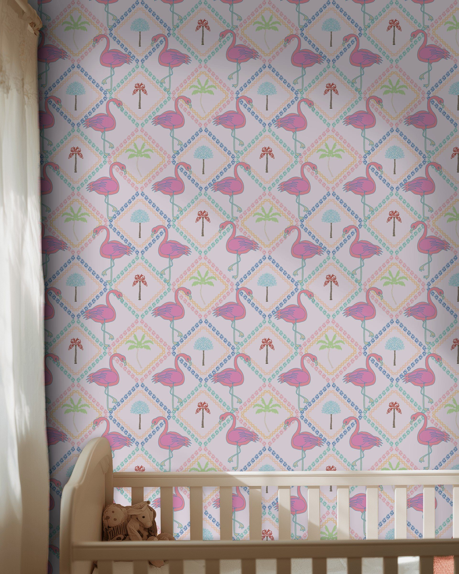 Blush Pink Flamingo Tropical Kids Wallpaper