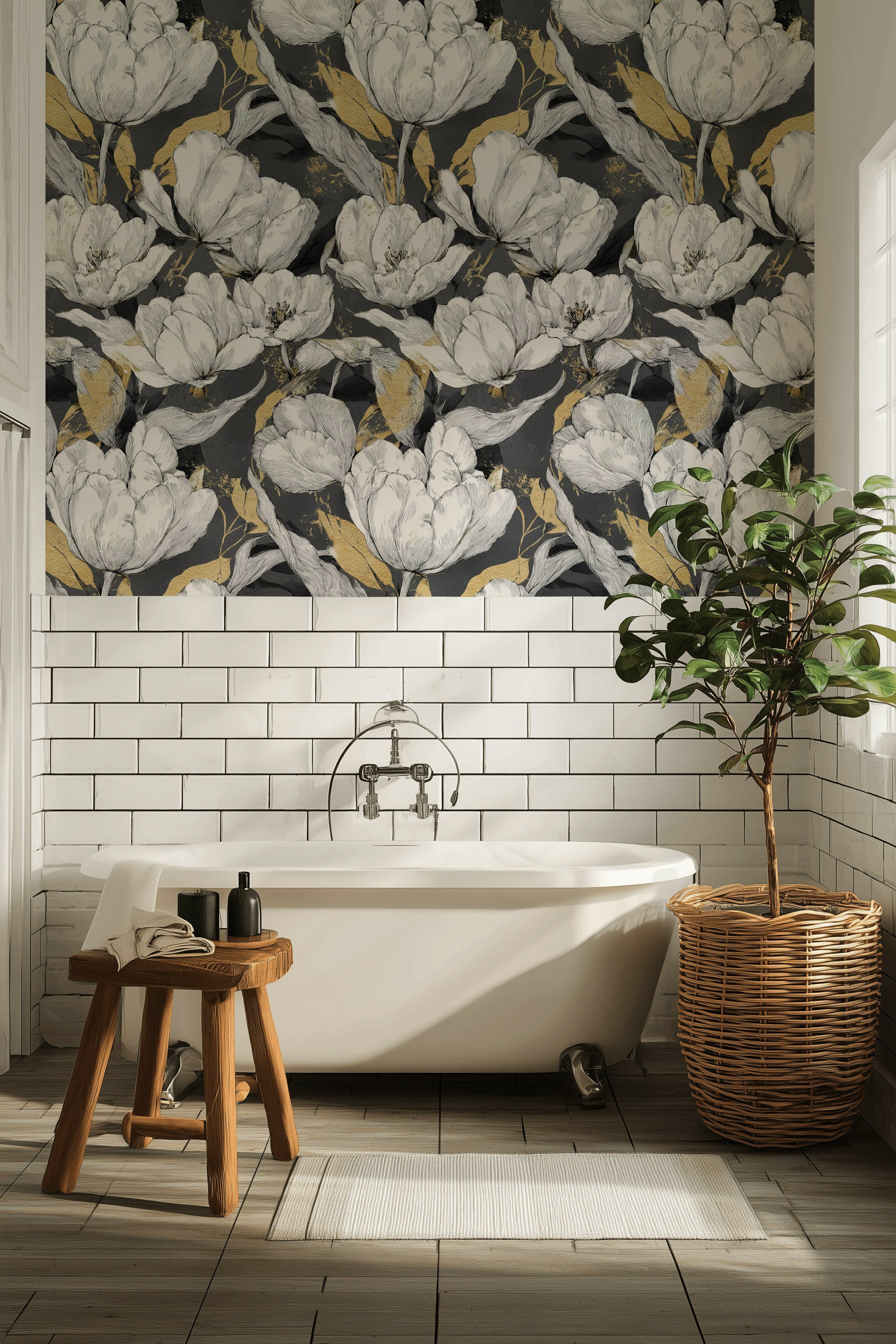 Charcoal Black and Gold Look Large Floral Wallpaper