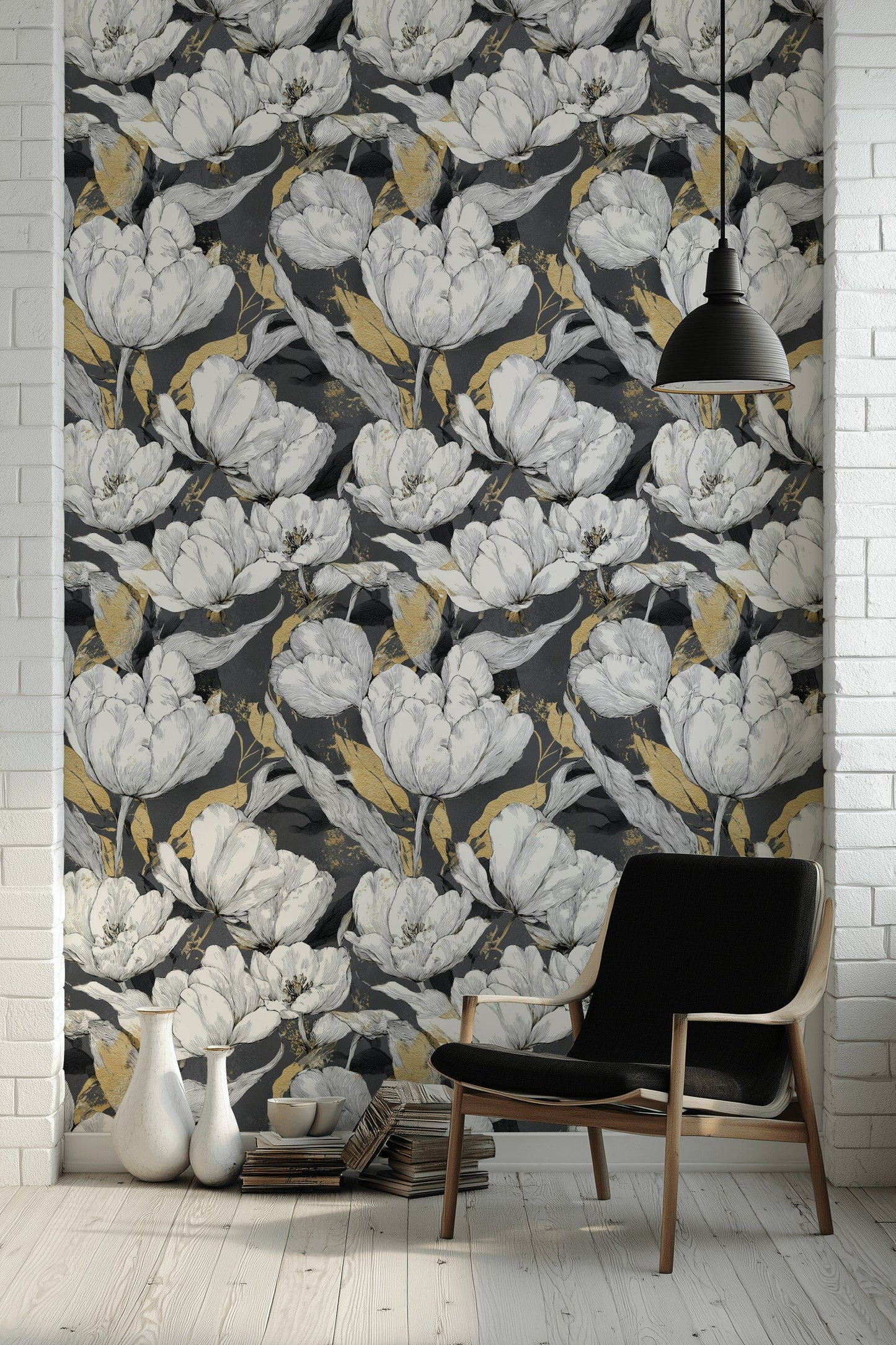 White Floral Wallpaper Gray And Gold Look Flower Wall Mural