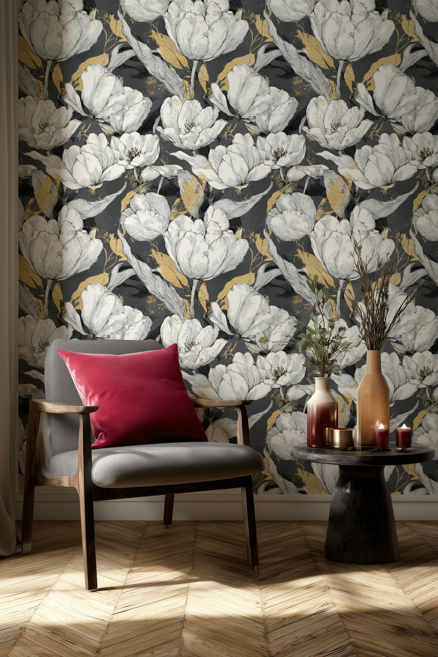 Charcoal Black and Gold Look Large Floral Wallpaper