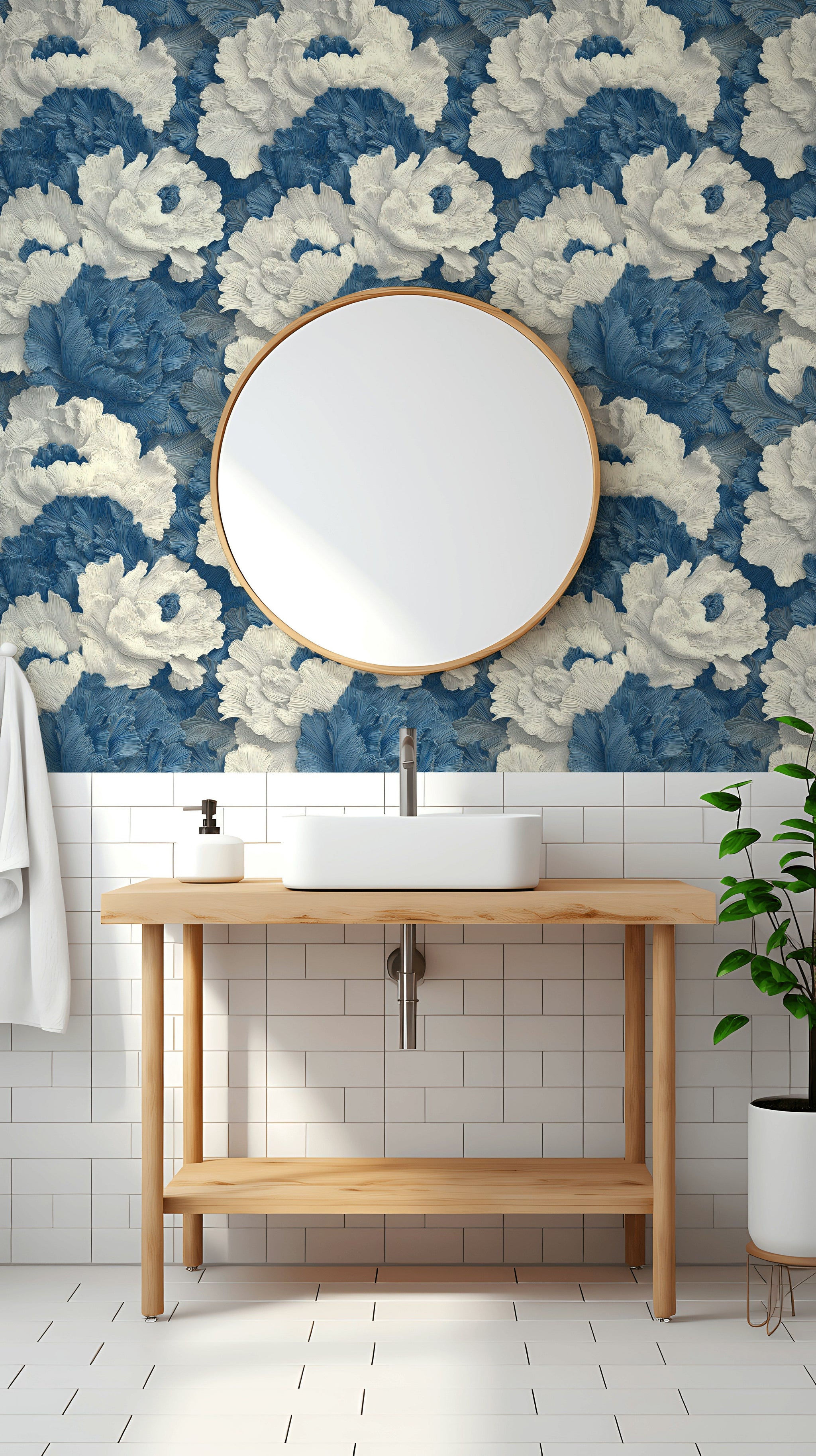 Deep Blue and Cream Peony Floral Wallpaper