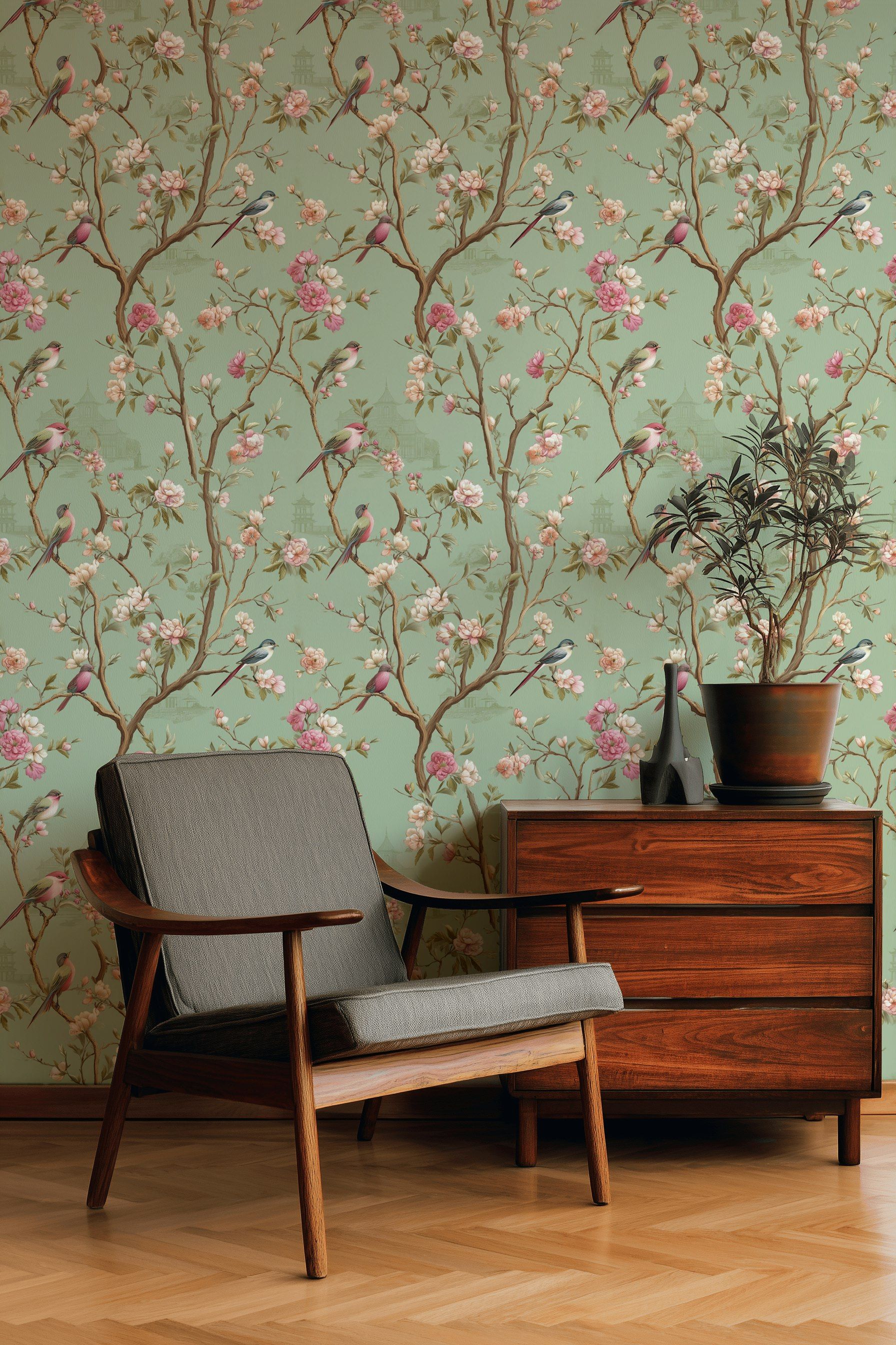 Vintage Sage Green Cherry Blossom Bird Wallpaper