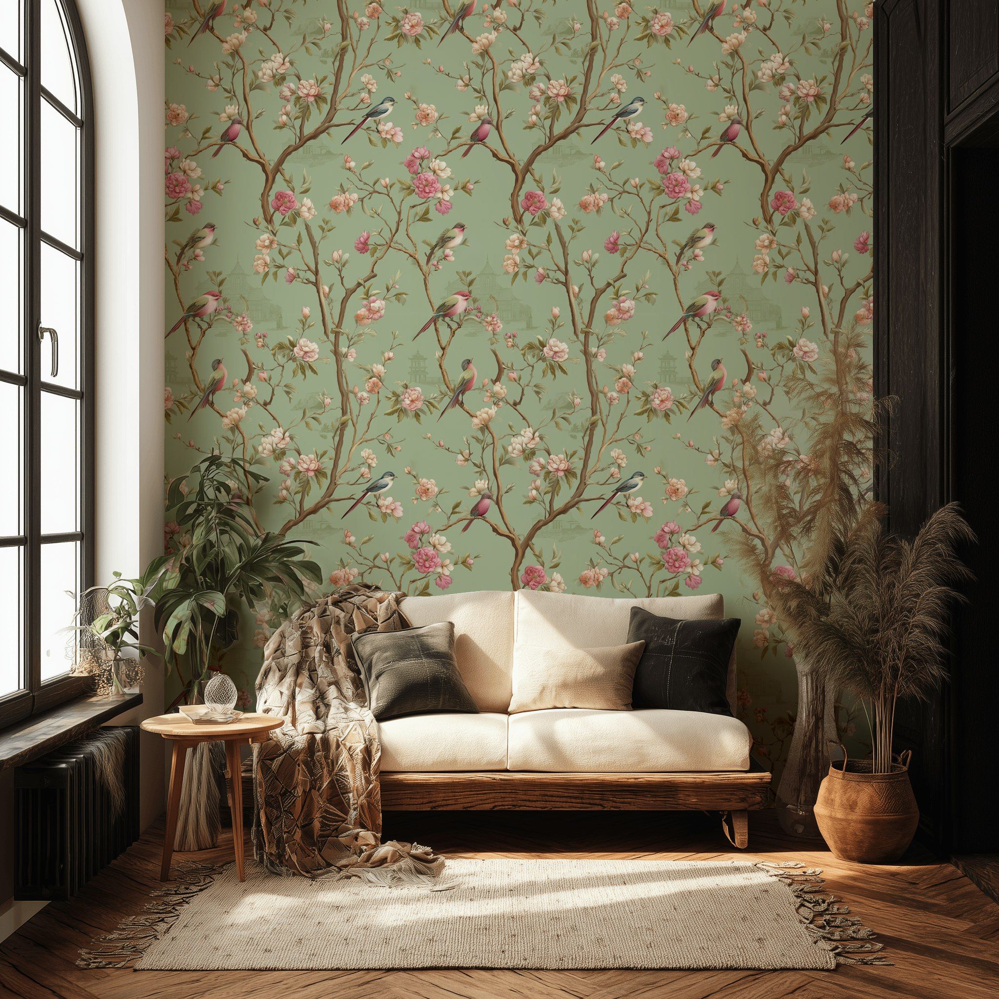 Vintage Sage Green Cherry Blossom Bird Wallpaper