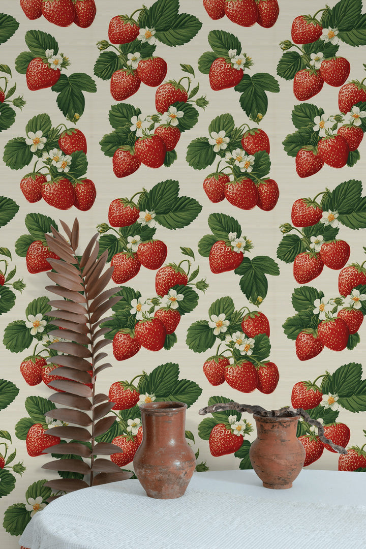 Cream Background Strawberry Floral Wallpaper