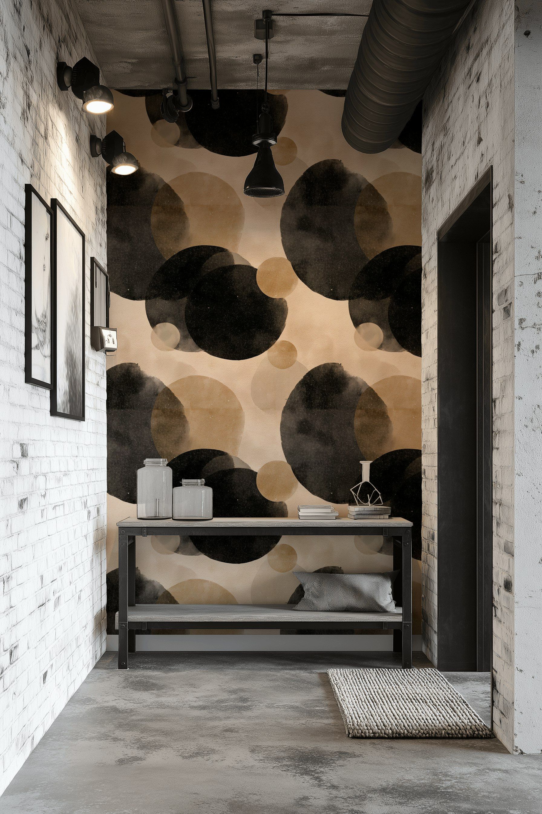 Beige and Black Abstract Circle Pattern Wallpaper