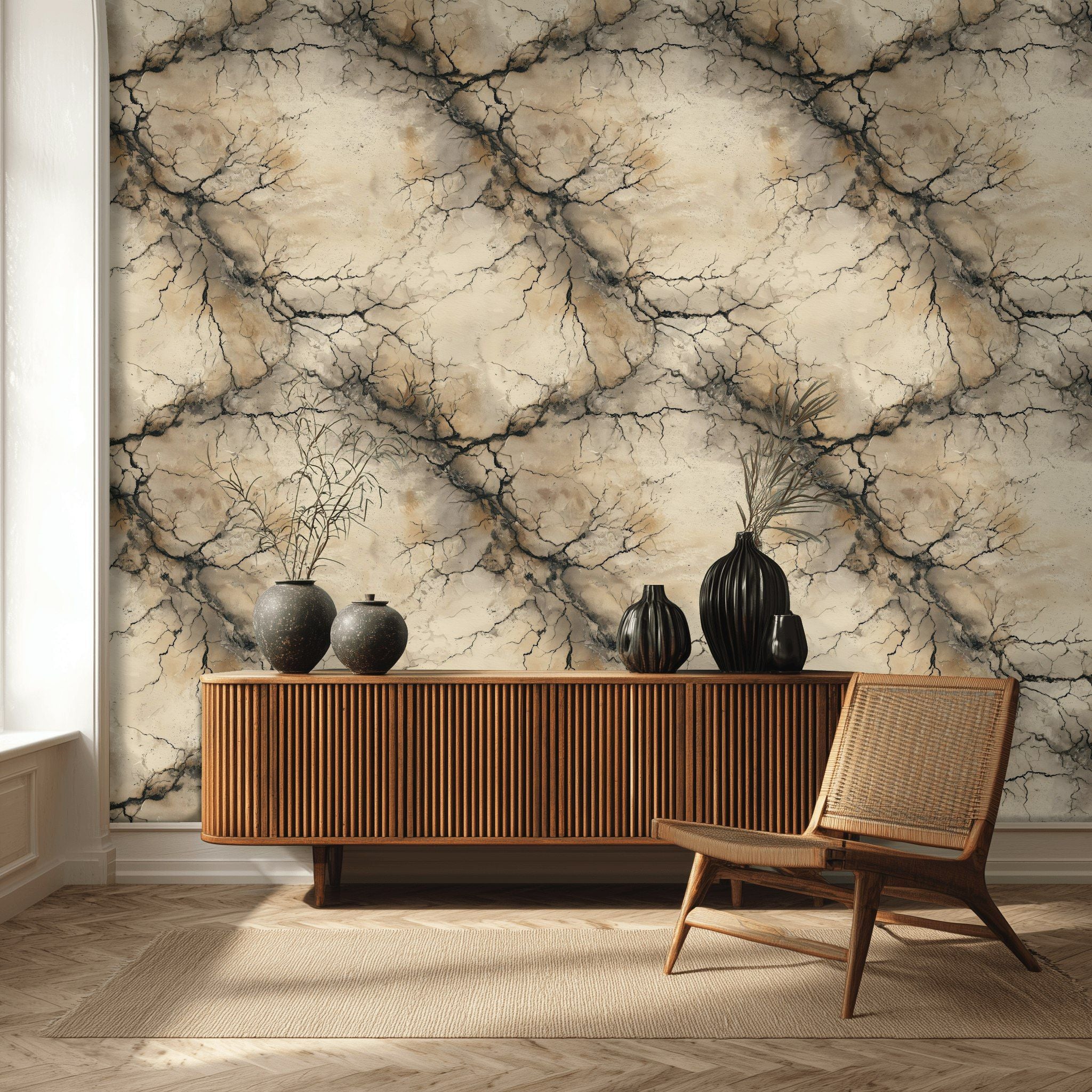 Earthy Beige and Black Marble Crack Wallpaper