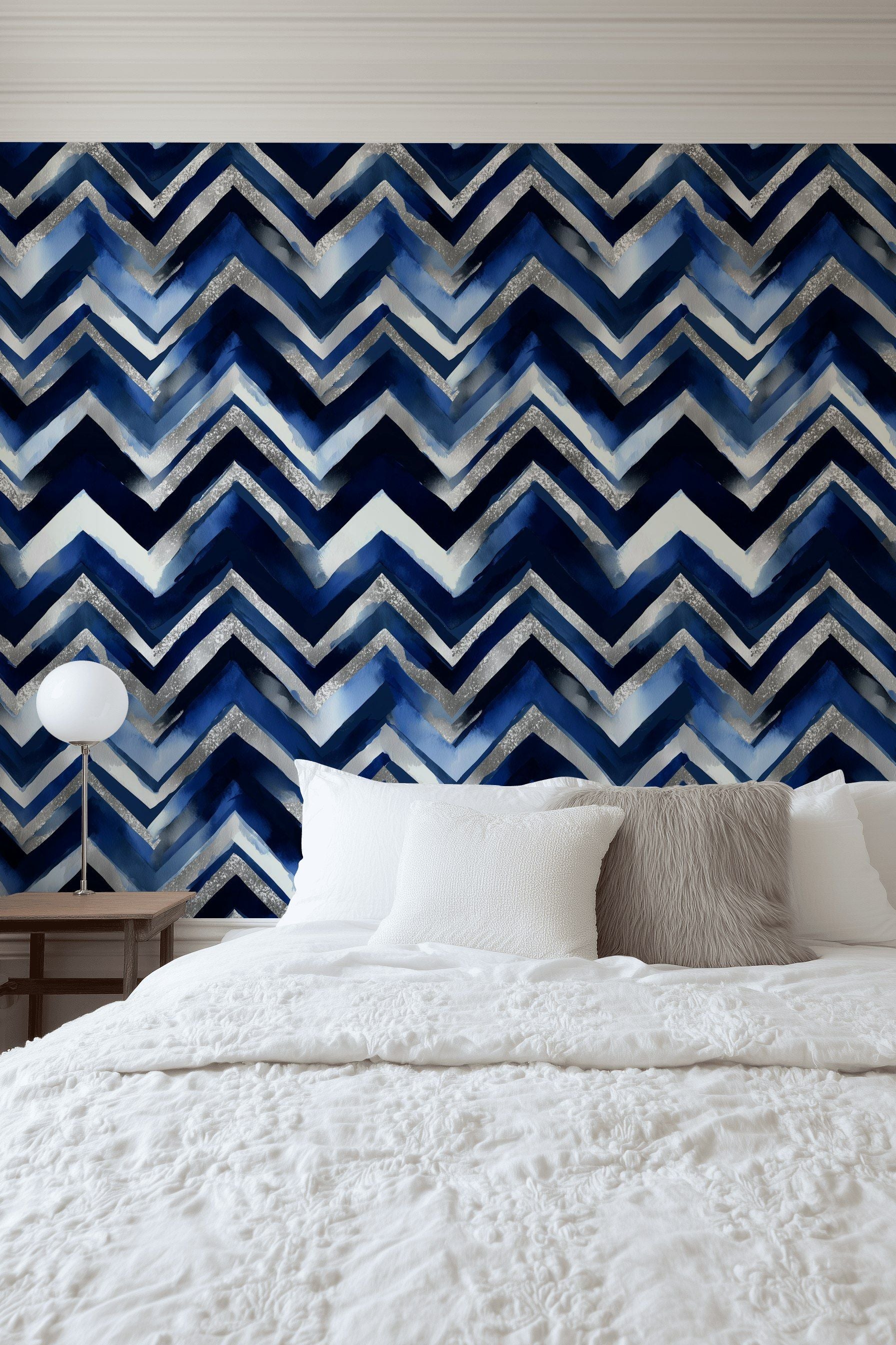 Navy Blue and Silver Chevron Geometric Wallpaper