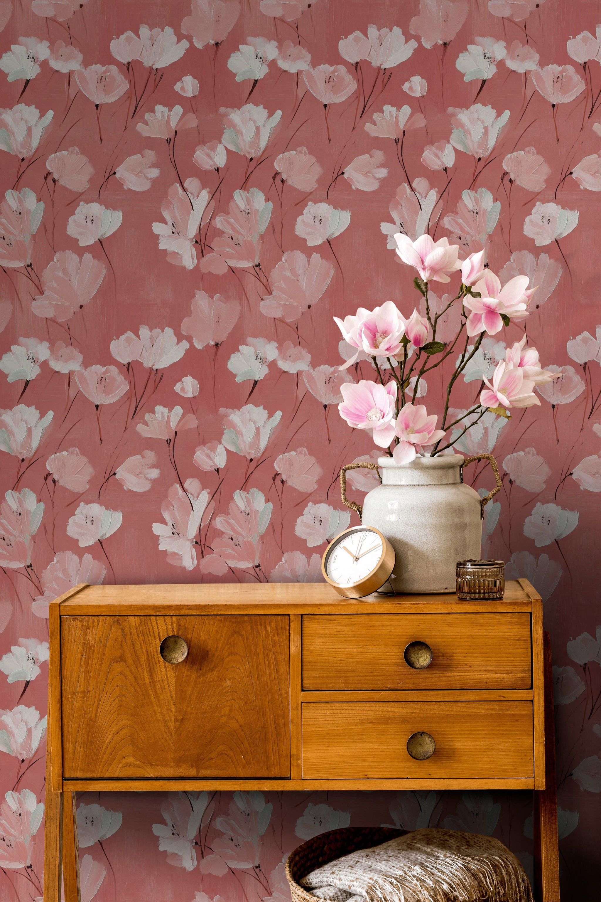 Blush Pink and Burgundy Large Floral Wallpaper