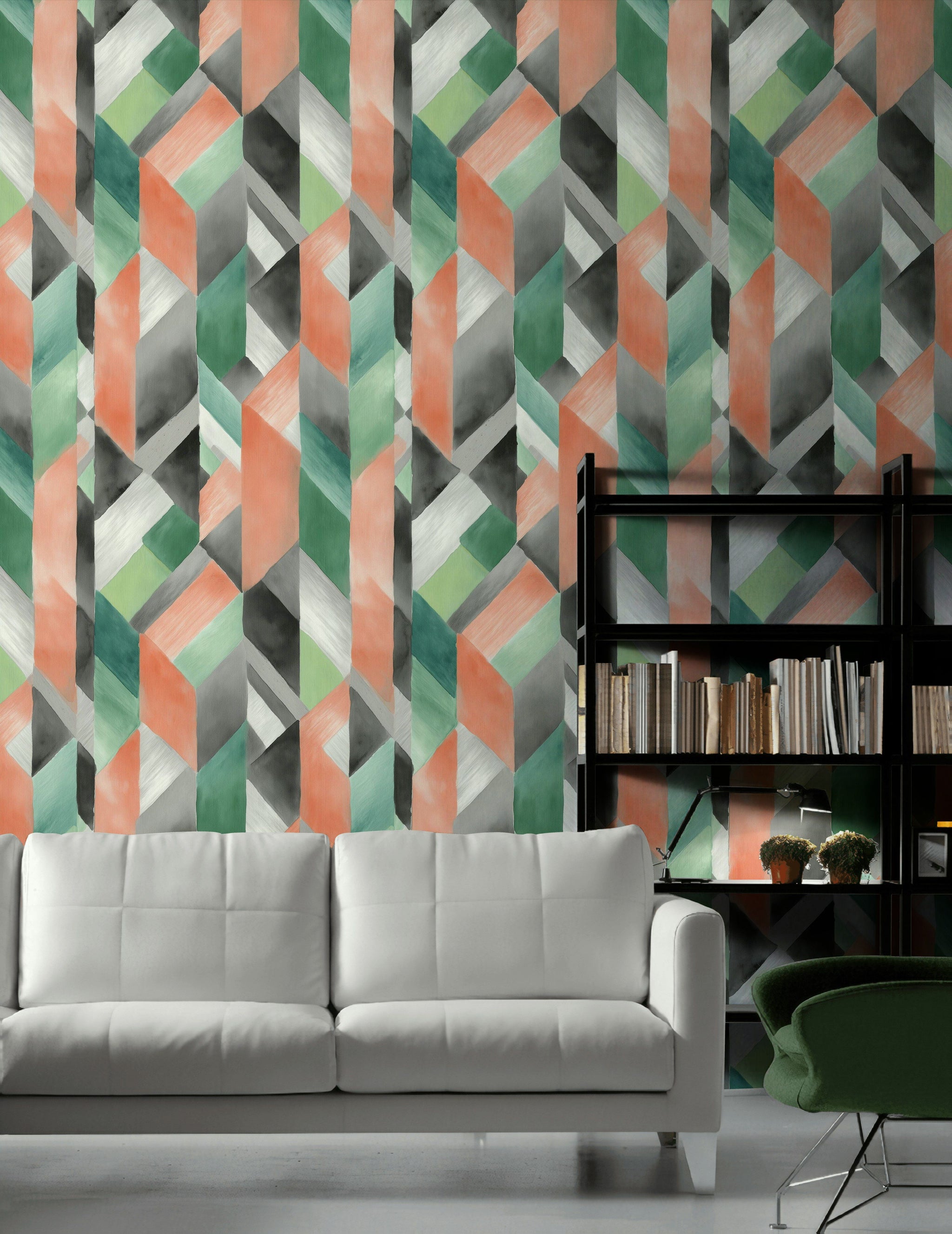 Bold Black and Green Geometric Wallpaper