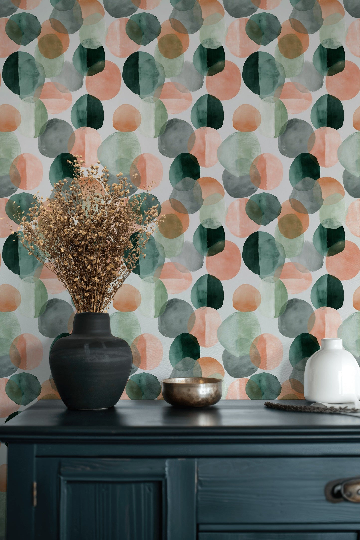 Abstract Circle Wallpaper Green Peach Removable Wall Decor