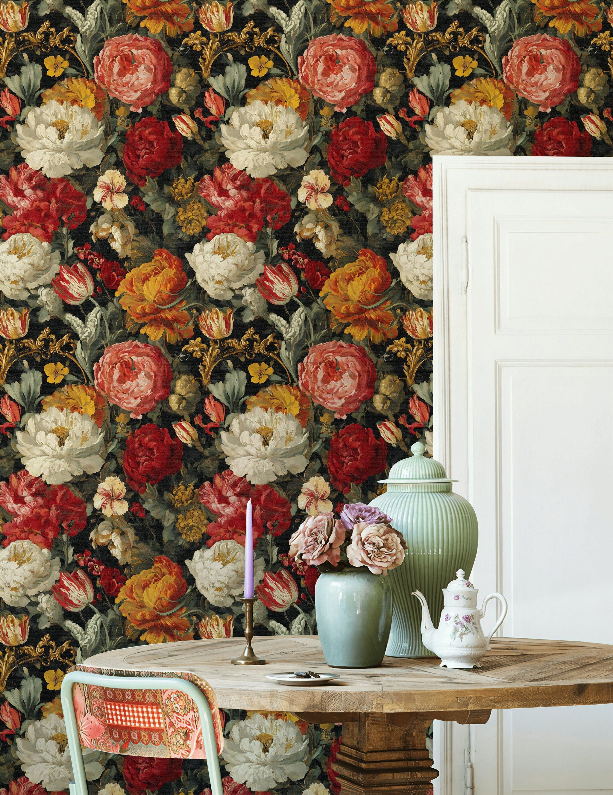 Dark Multicolor Vintage Rose Floral Wallpaper