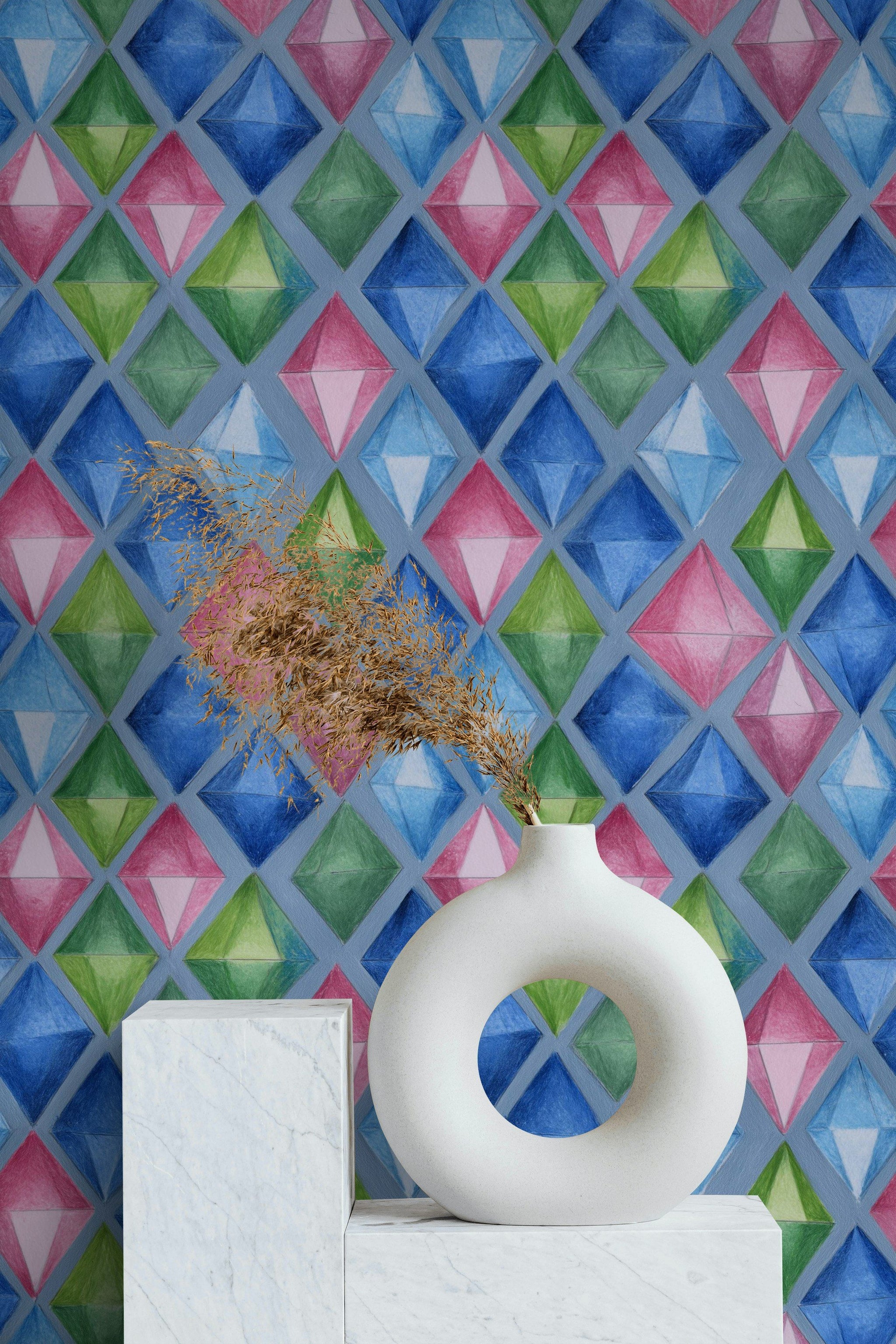 Blue Multicolor Diamond Geometric Pattern Wallpaper