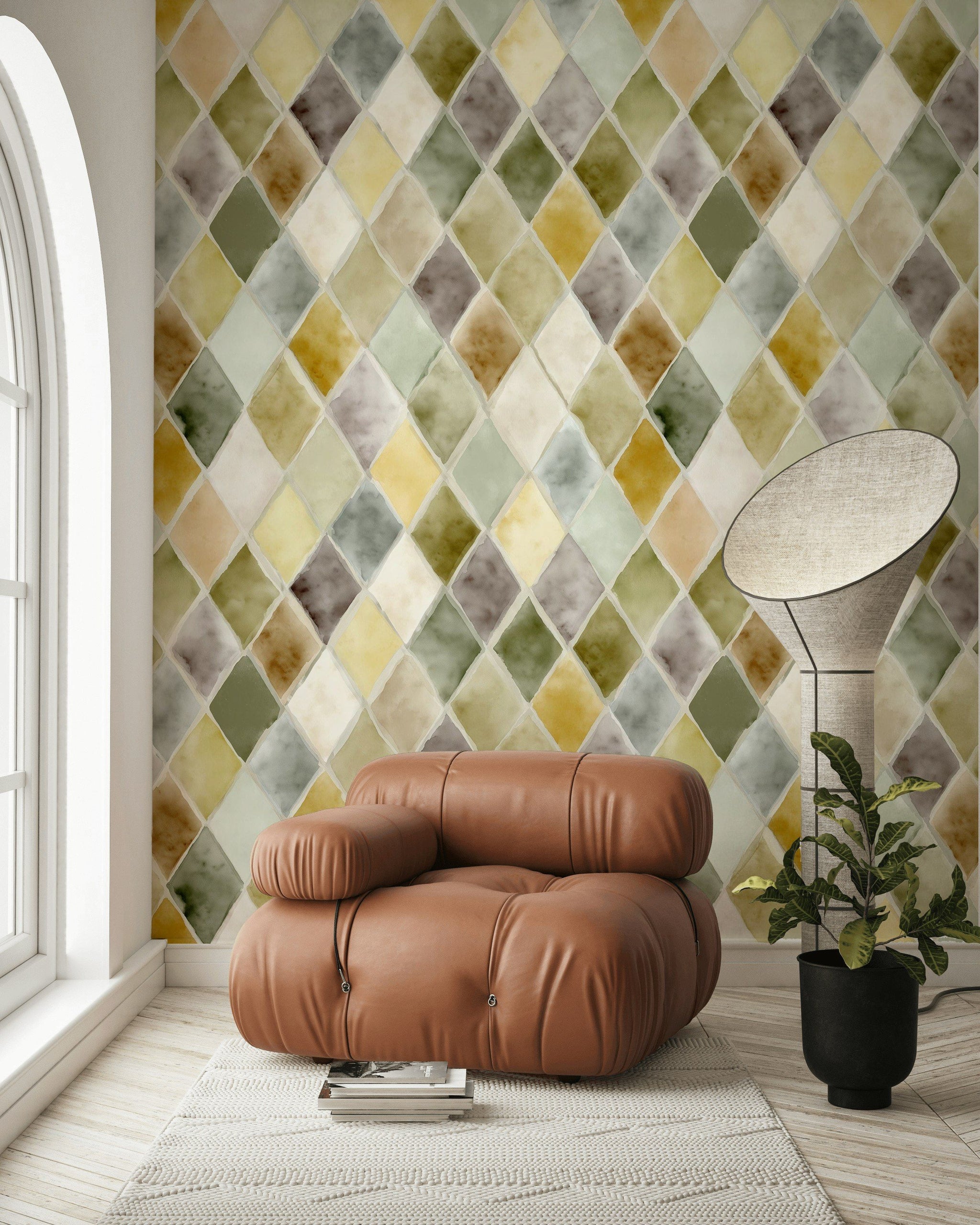 Muted Green and Yellow Diamond Geometric Wallpaper