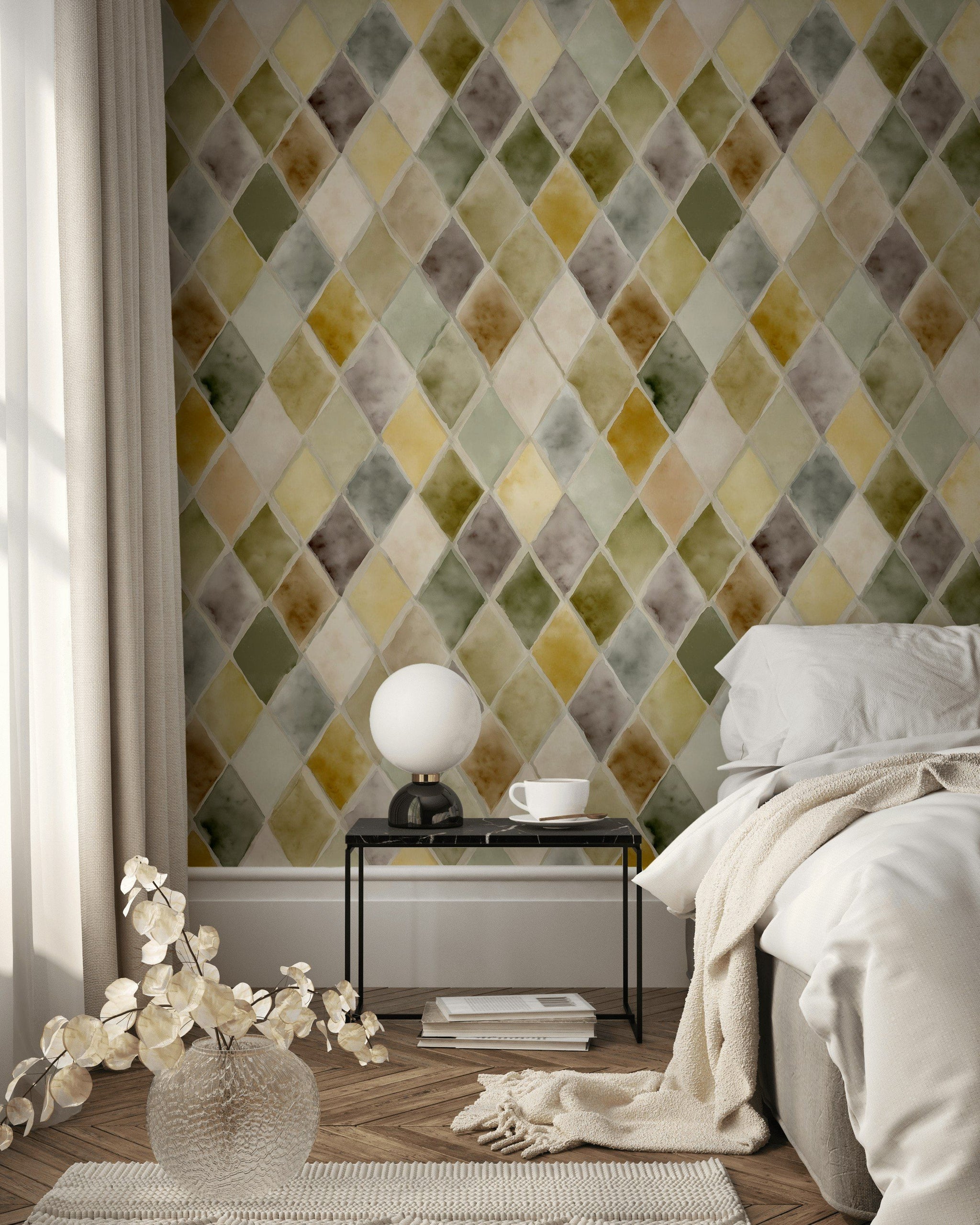 Muted Green and Yellow Diamond Geometric Wallpaper