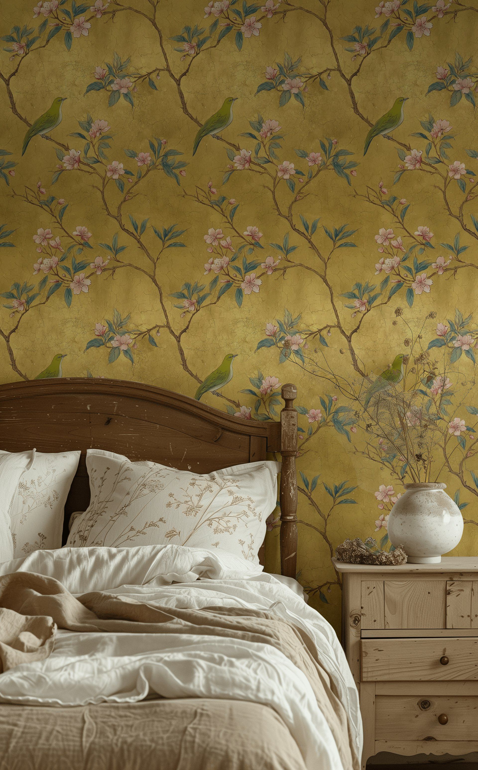 Golden Look Greenery with Cherry Blossom Bird Wallpaper