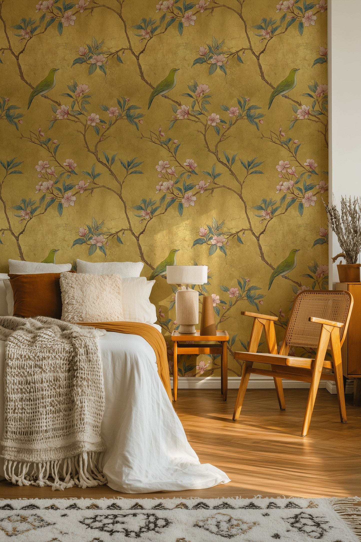 Chinoiserie Bird Wallpaper Gold Look Floral Wall Mural