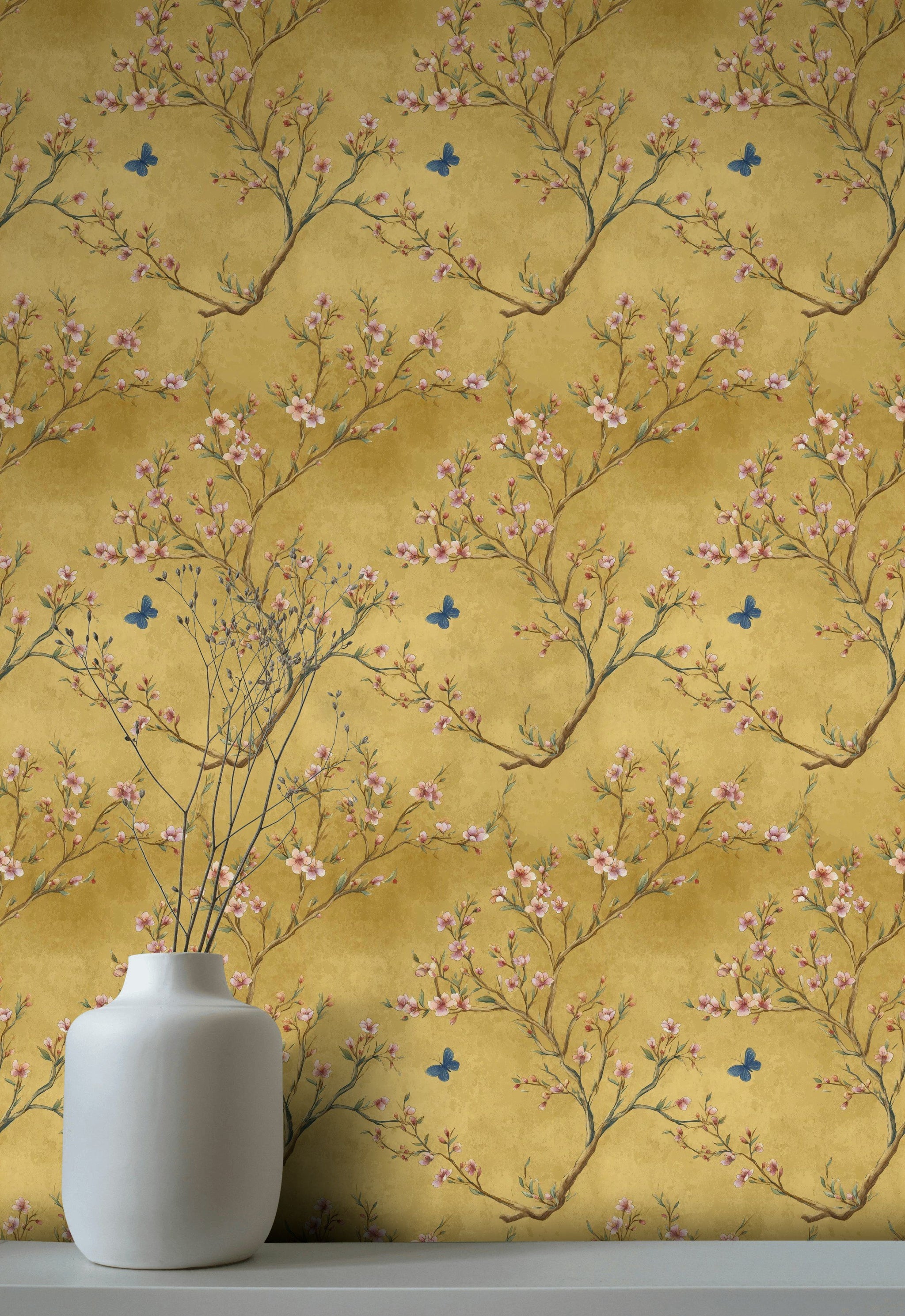 Golden Look Cherry Blossom and Butterfly Wallpaper