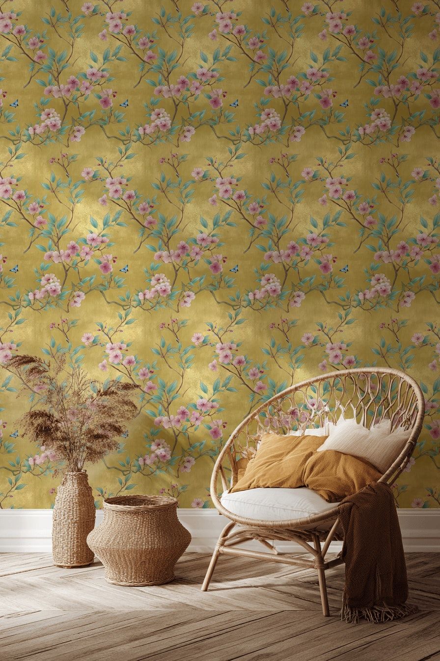 Golden Look Vintage Cherry Blossom Floral Wallpaper