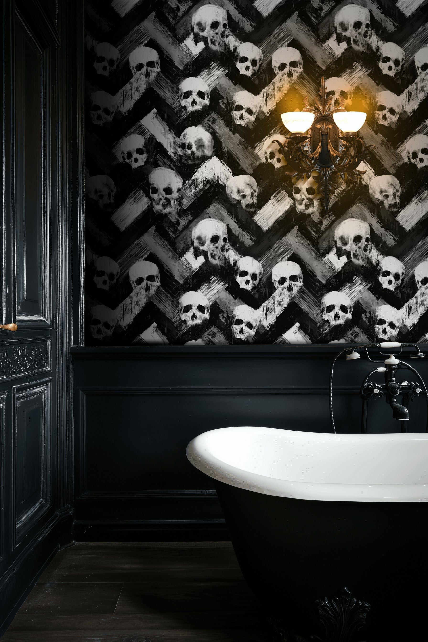 Monochrome Skull Chevron Abstract Wallpaper