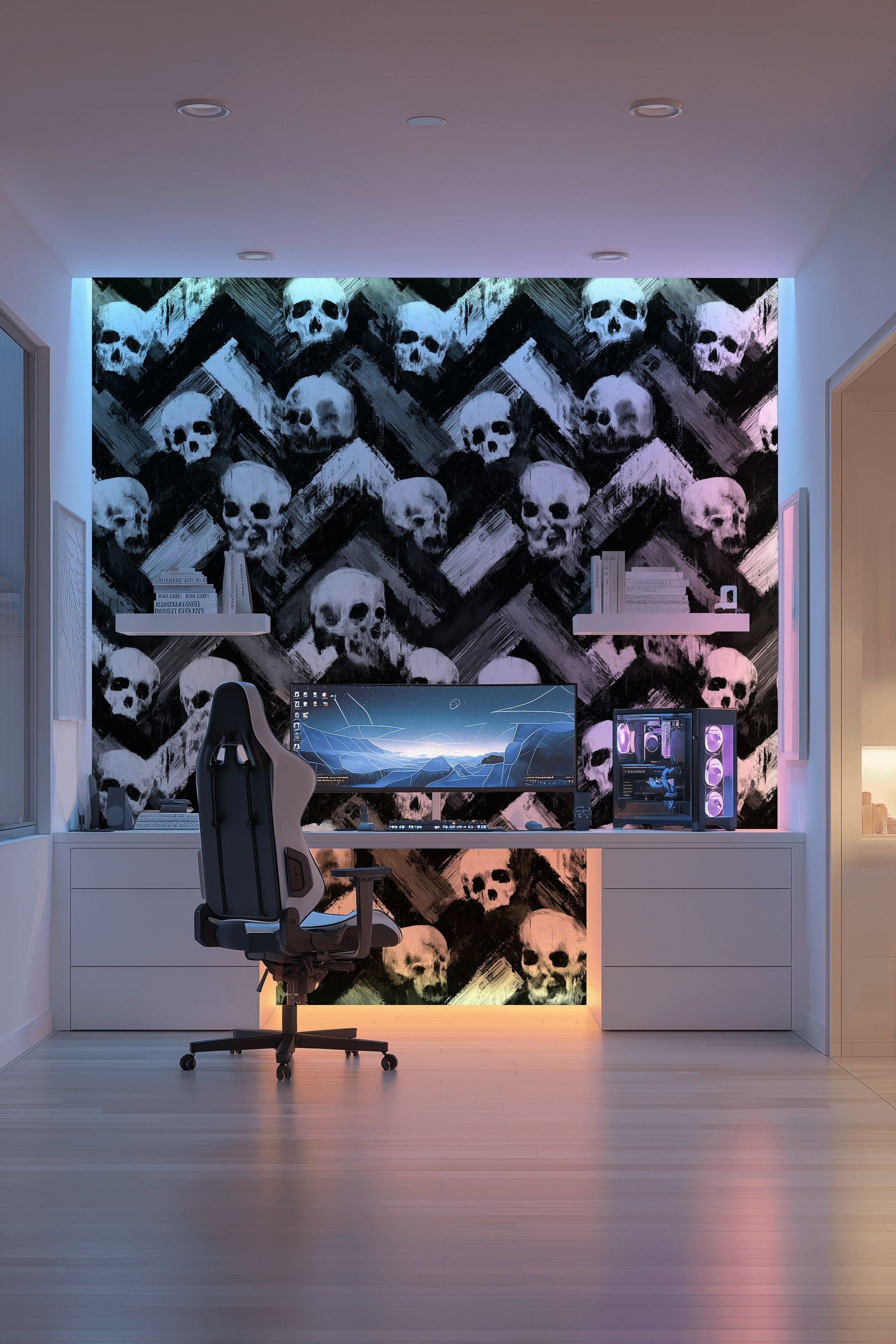 Monochrome Skull Chevron Abstract Wallpaper