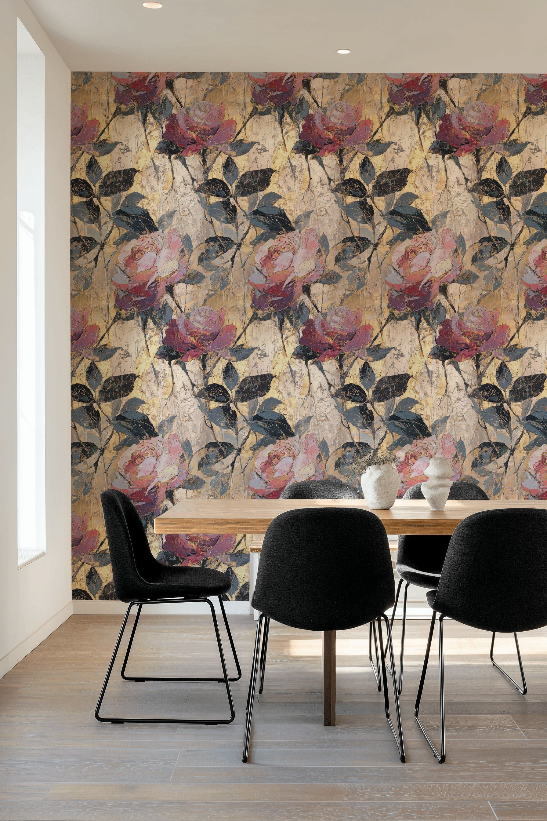 Cream and Rose Textured Floral Wallpaper