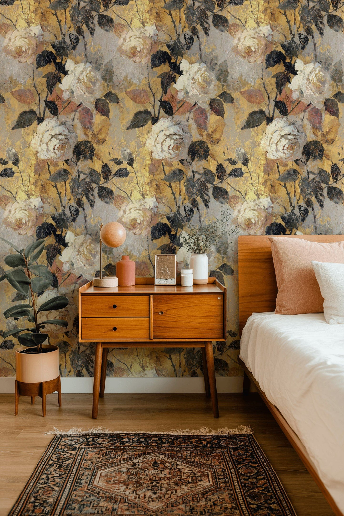 Gold Look Floral Wallpaper Neutral Decorative Mural