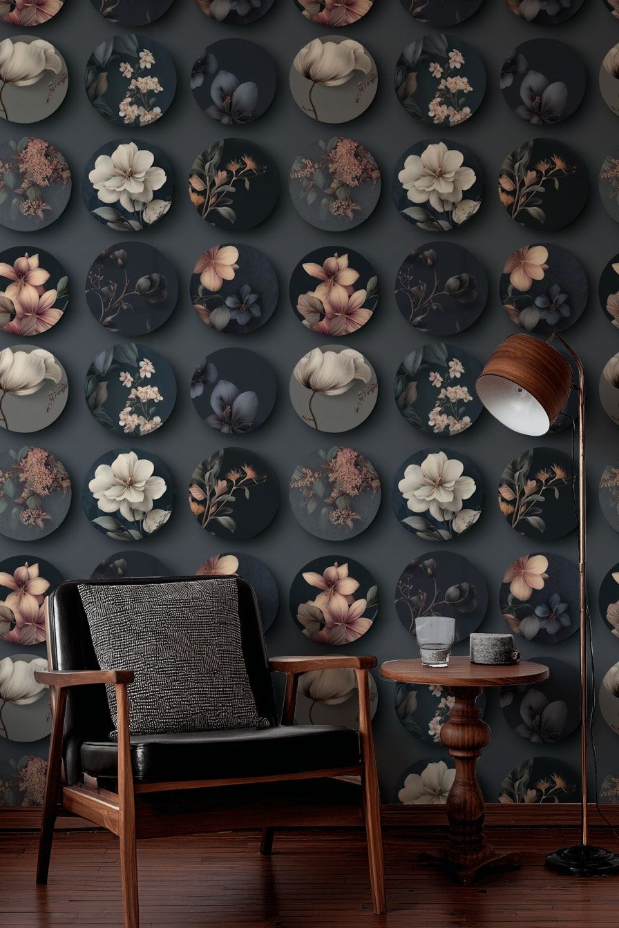 Black Circular Floral Motif Wallpaper