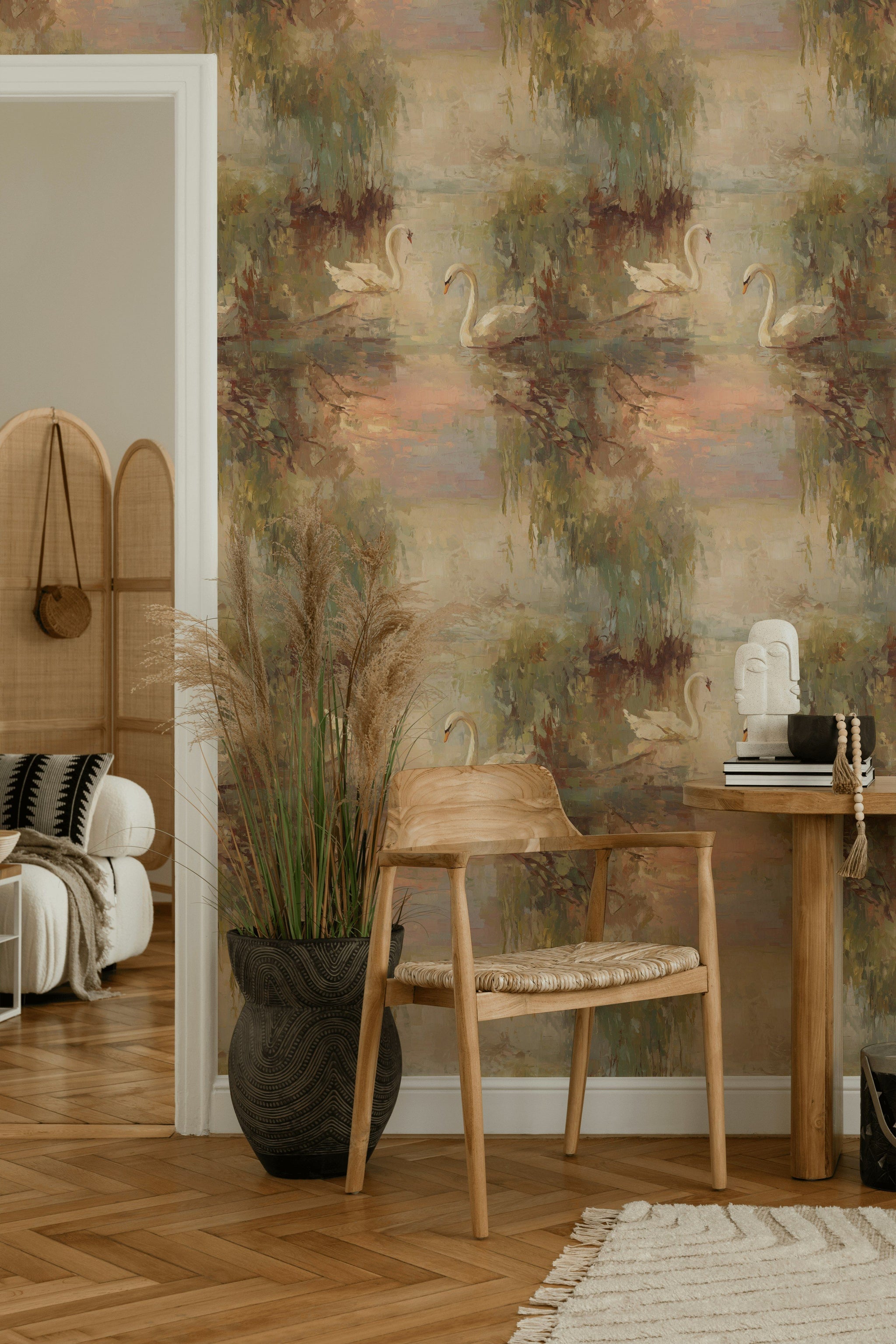 Rustic Brown Swan Lakeside Landscape Wallpaper