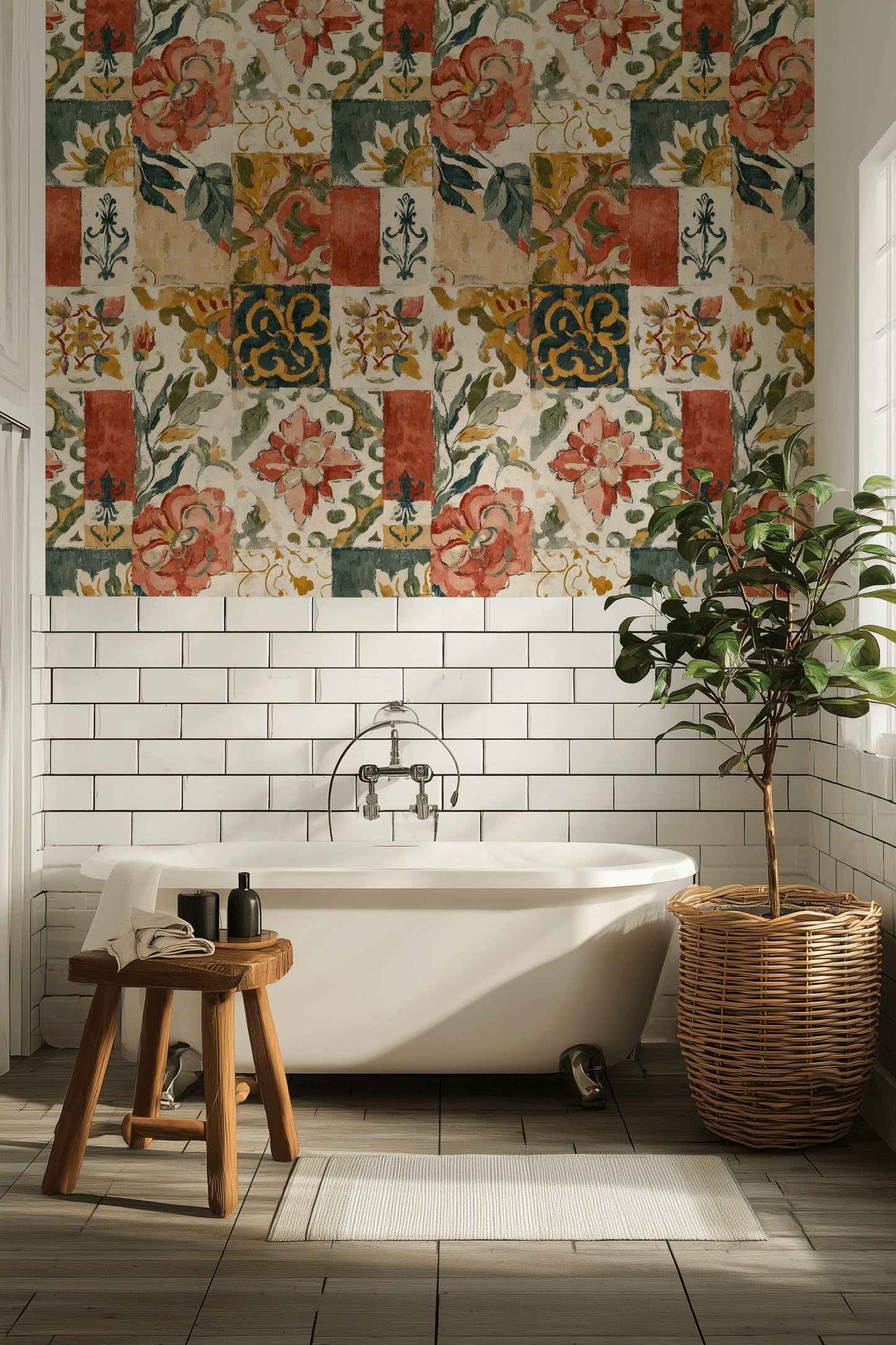 Vintage Floral Tile Wallpaper Mediterranean Wall Mural