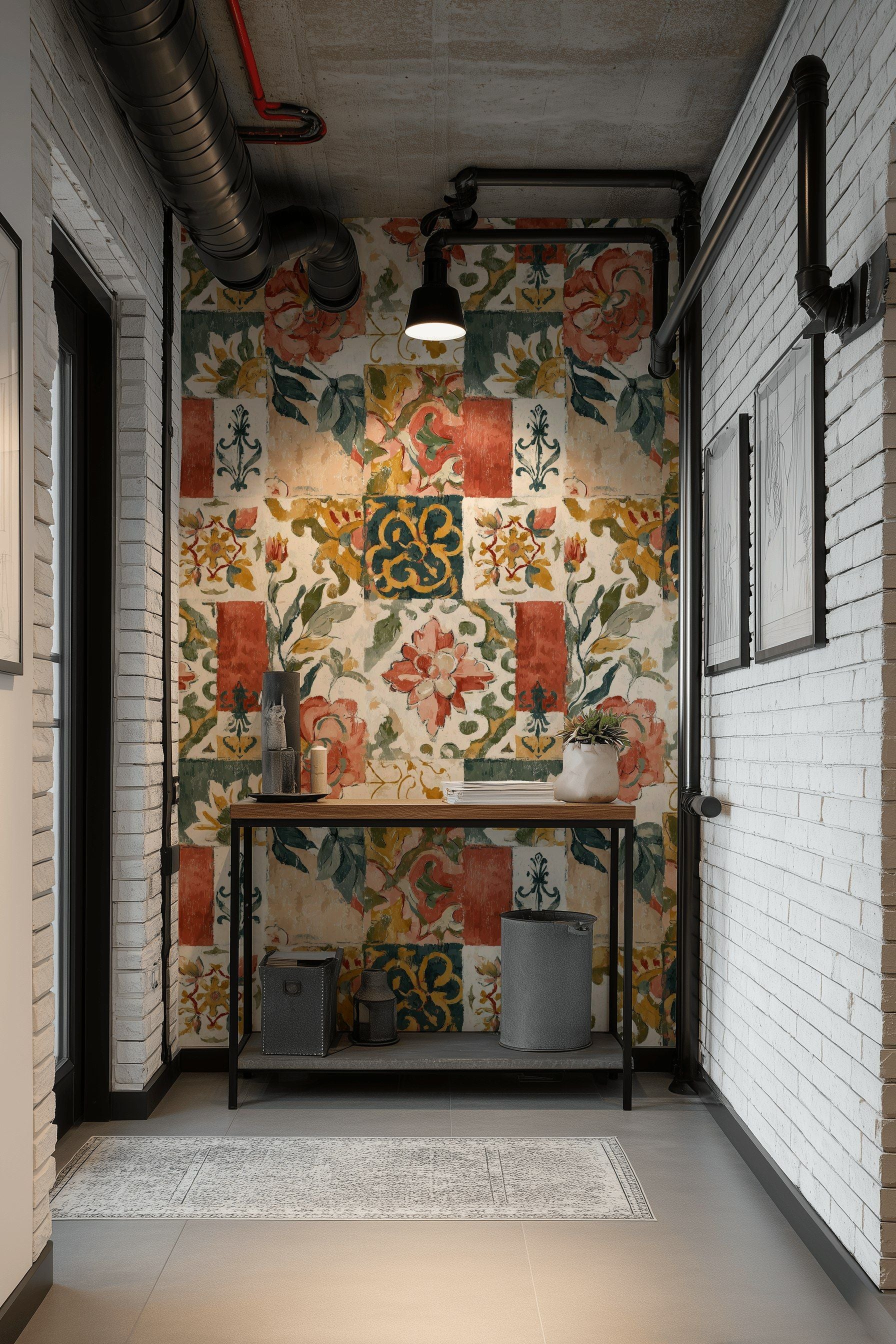 Cream and Terracotta Vintage Floral Patchwork Wallpaper