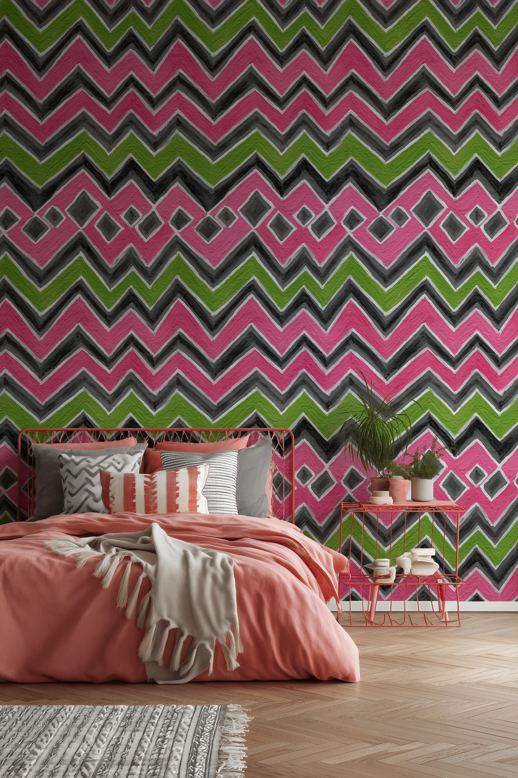 Pink and Green Chevron Geometric Wallpaper