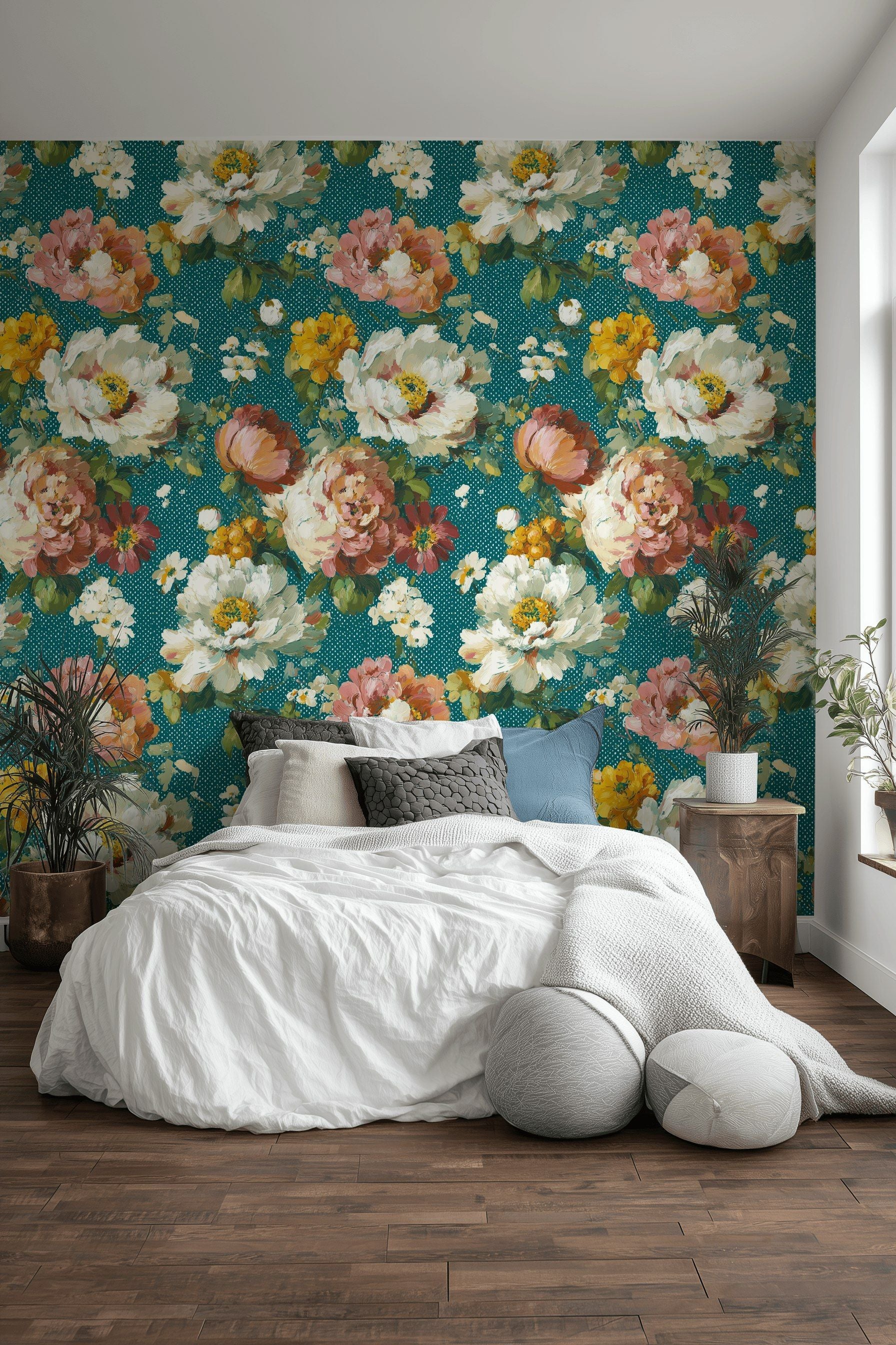 Teal Large Floral Blossom Wallpaper