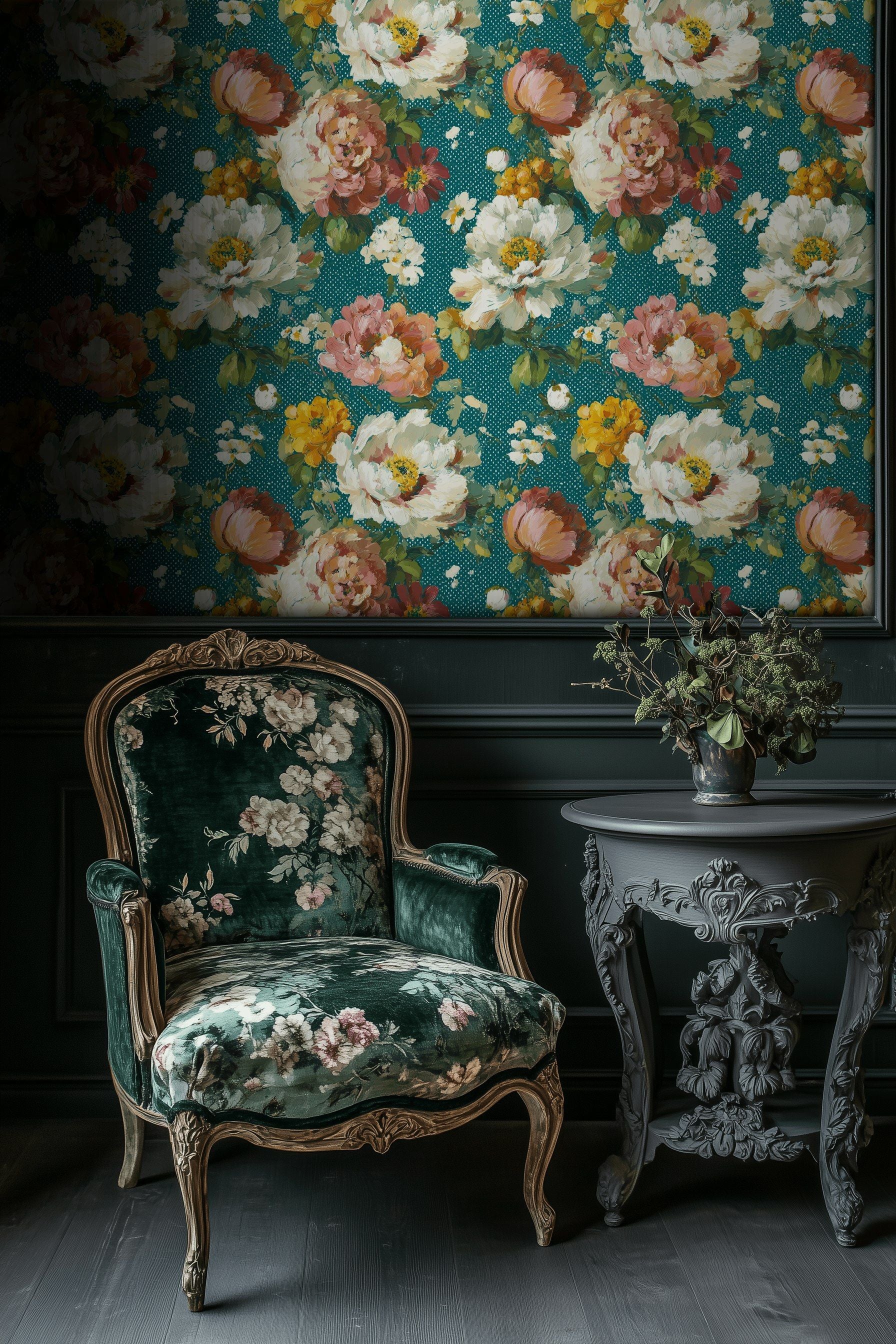 Teal Large Floral Blossom Wallpaper