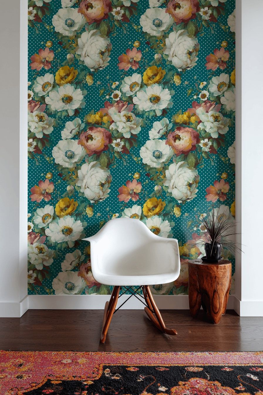 Teal Bold Peony Floral Wallpaper