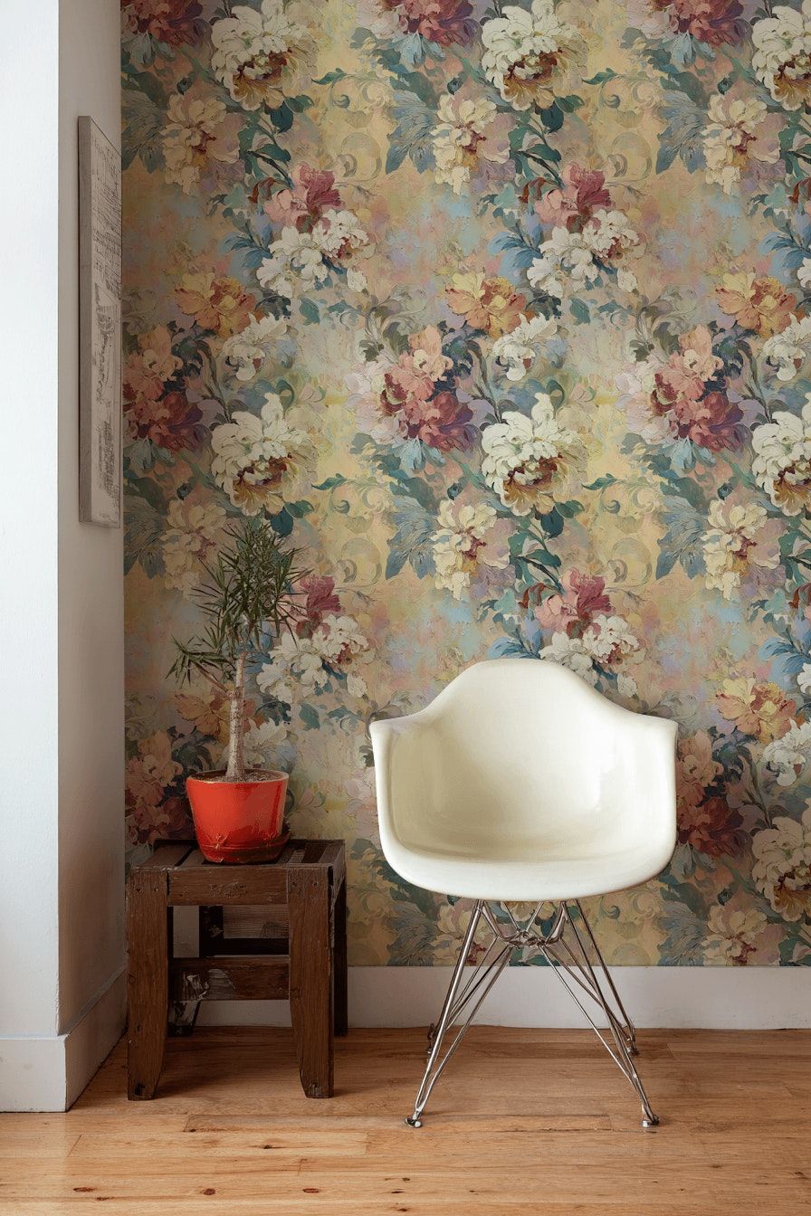 Vintage Multicolor Large Floral Wallpaper