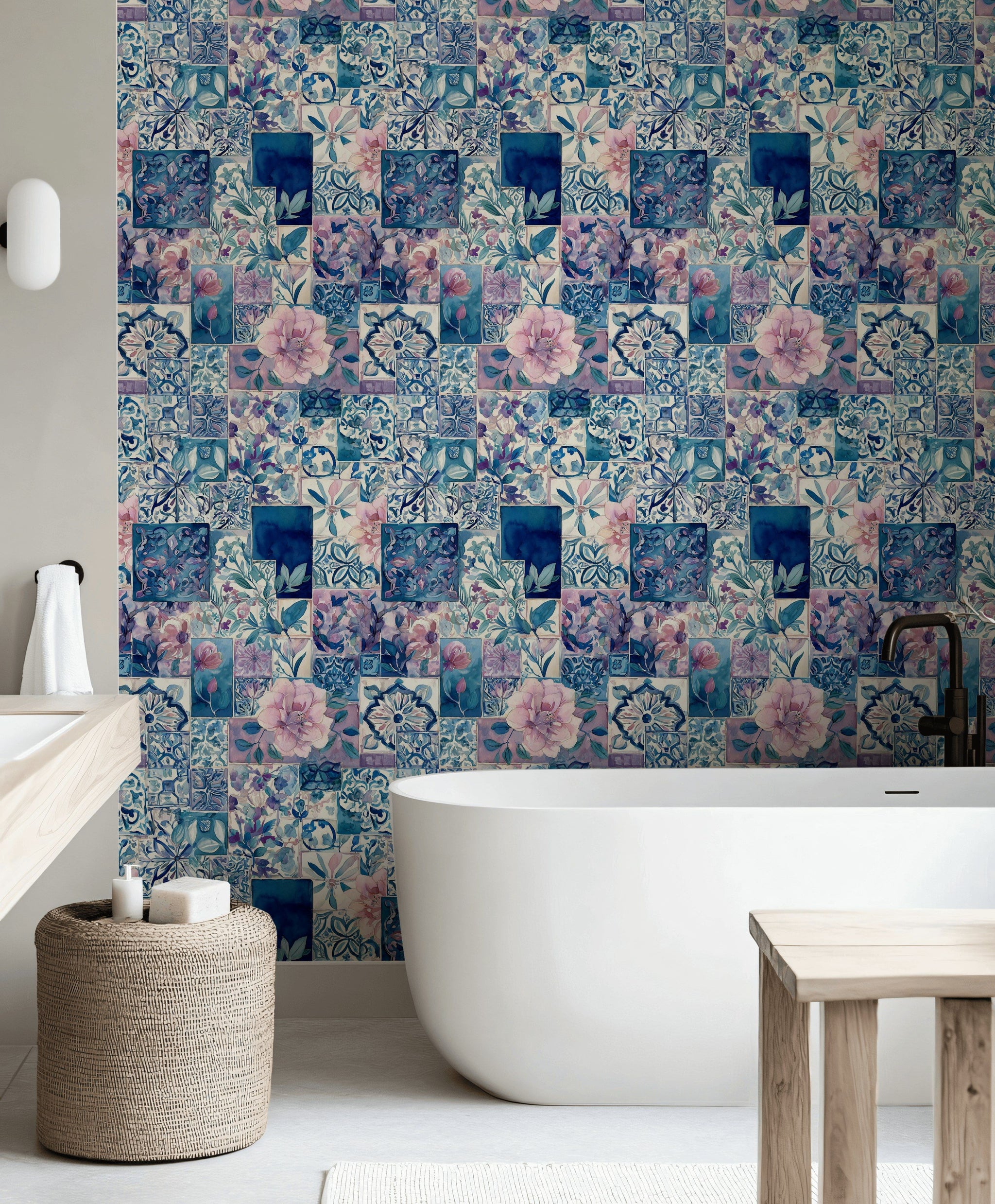 Elegant Blue and Pink Floral Patchwork Wallpaper