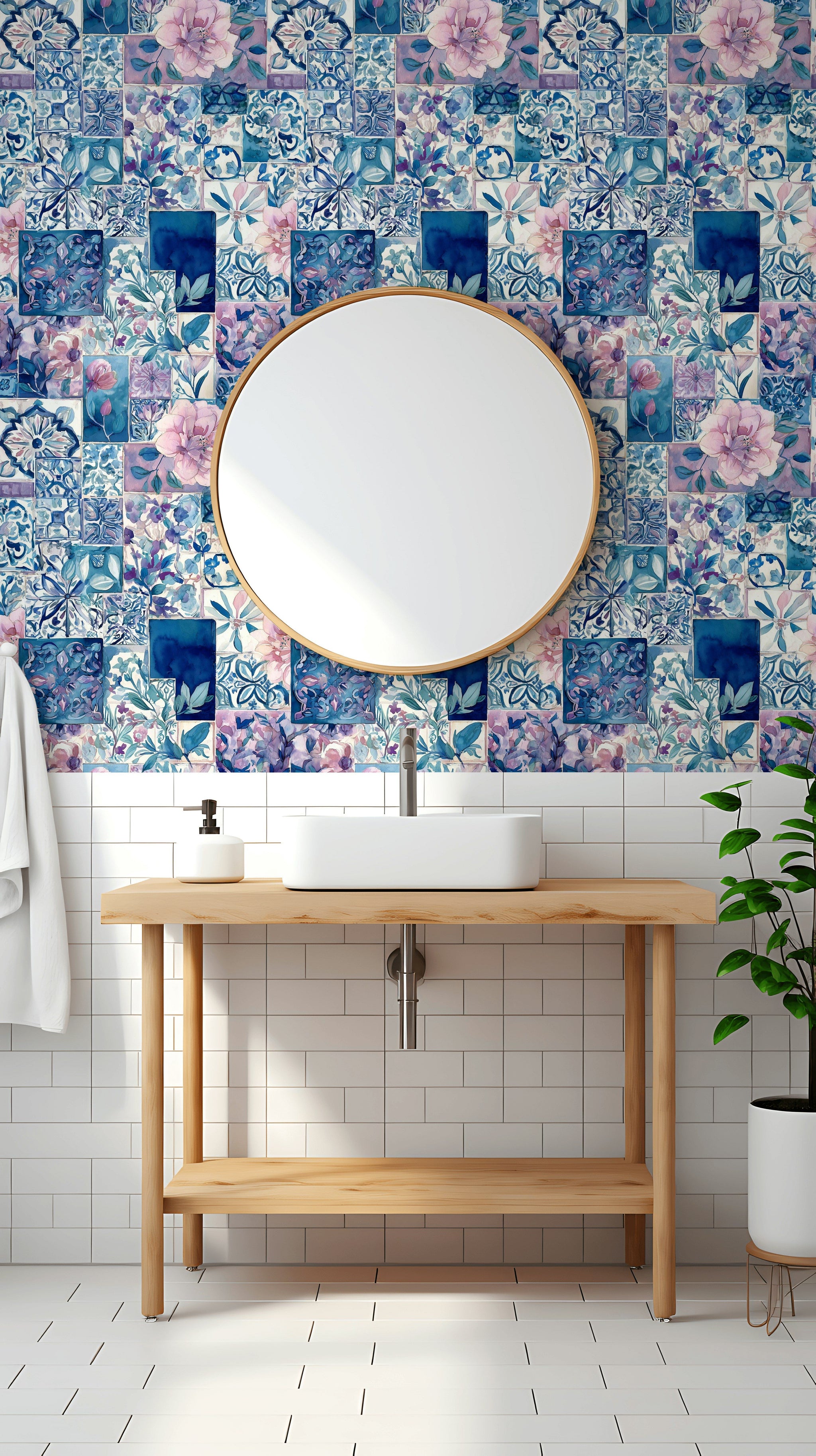 Elegant Blue and Pink Floral Patchwork Wallpaper