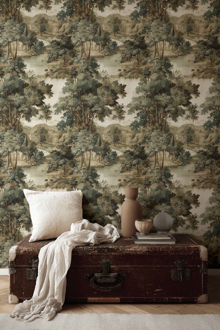 Vintage Green Forest Landscape Wallpaper