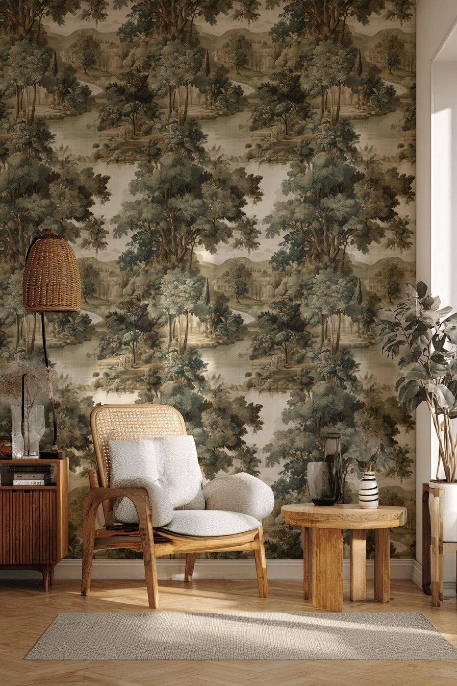 Vintage Green Forest Landscape Wallpaper