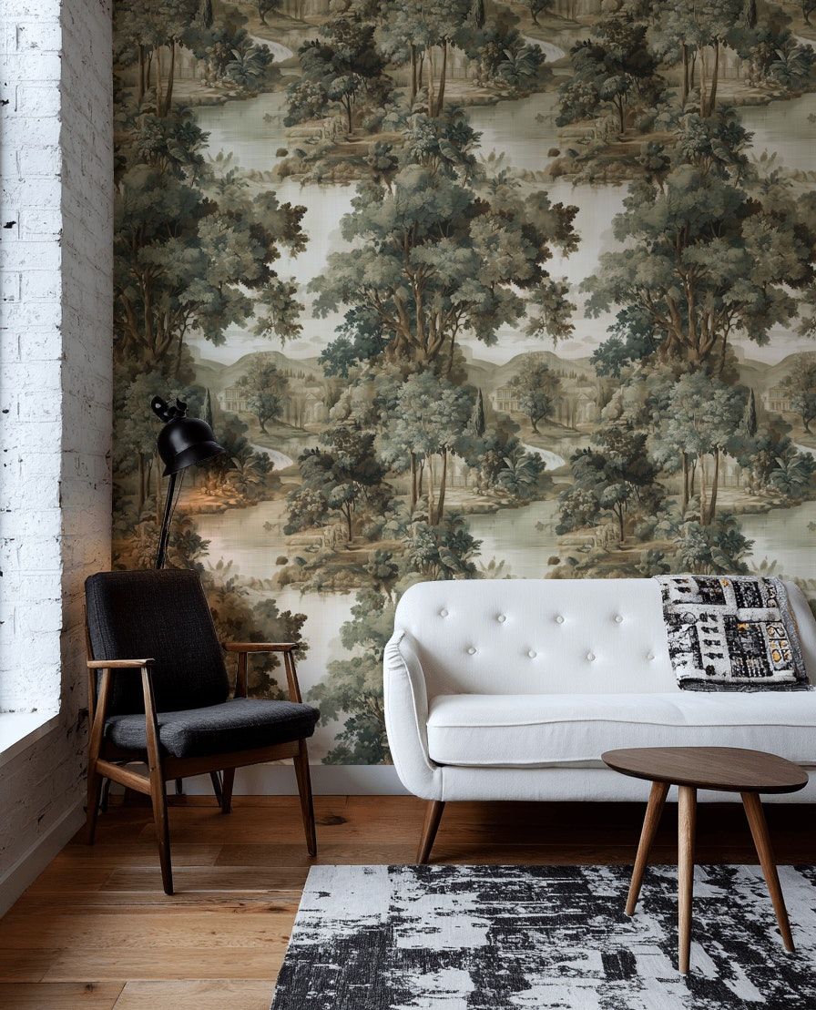 Vintage Green Forest Landscape Wallpaper