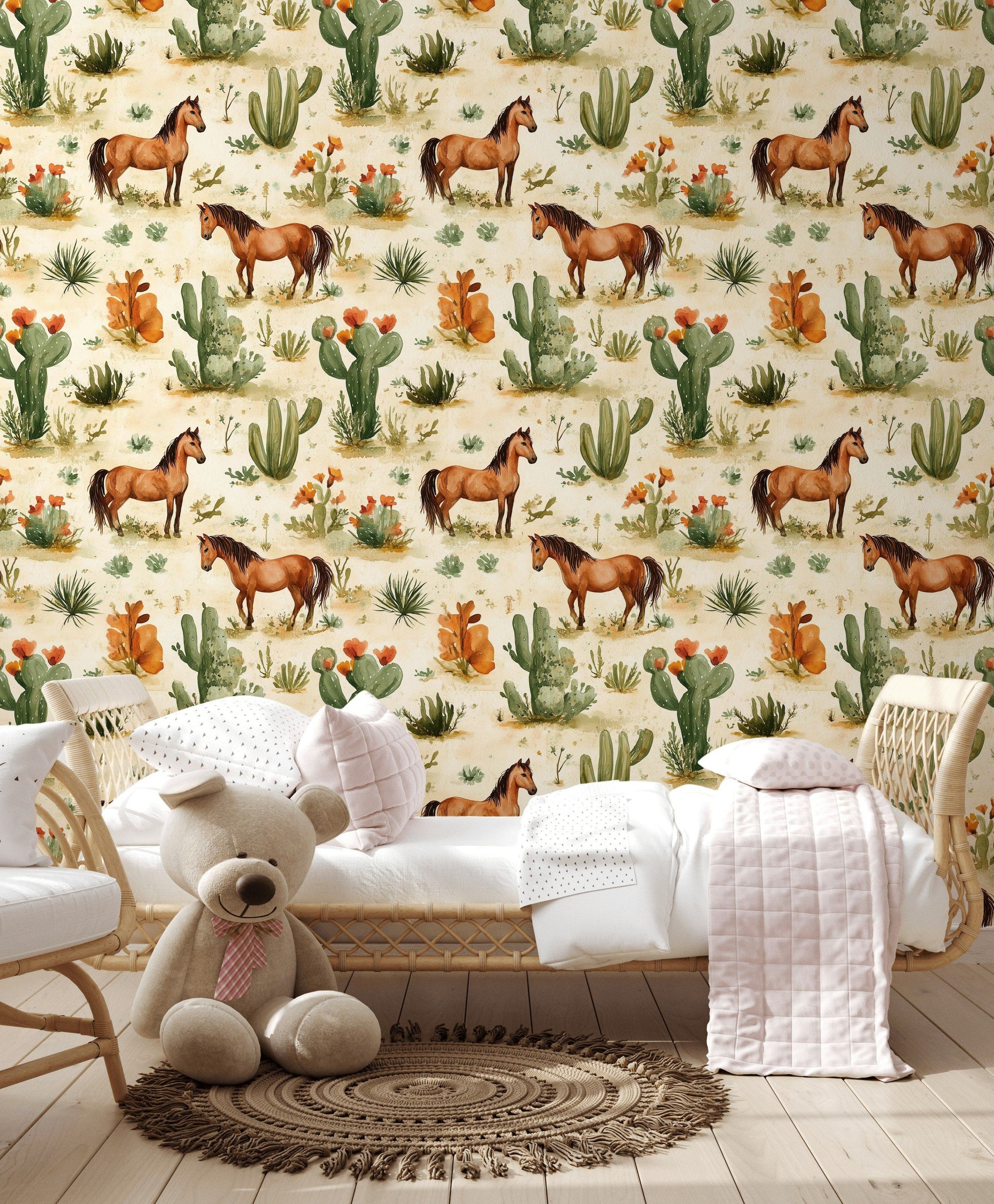 Brown Horses and Cacti Desert Wallpaper