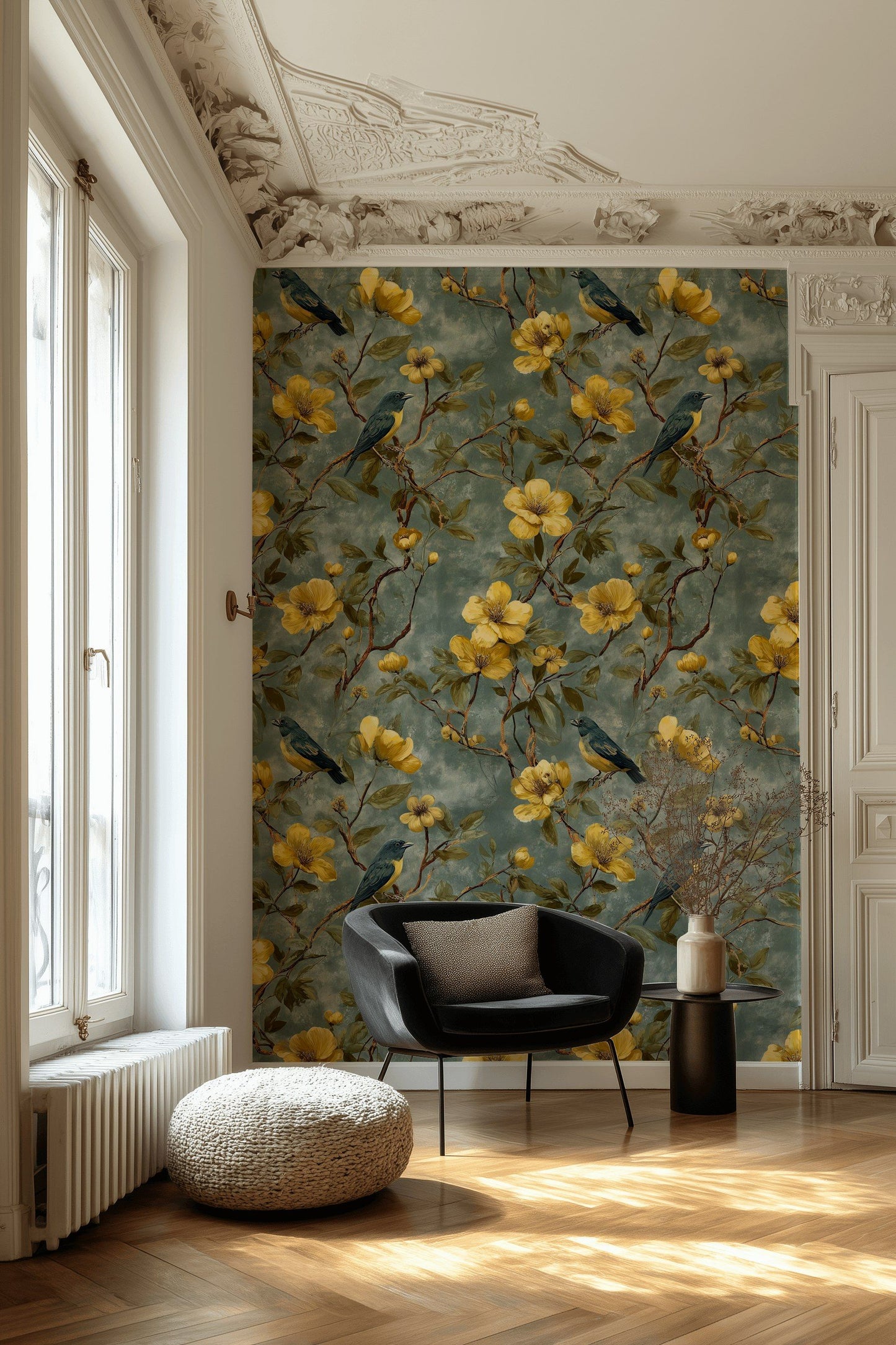 Bird And Floral Wallpaper Yellow Decor Botanical Wall Mural