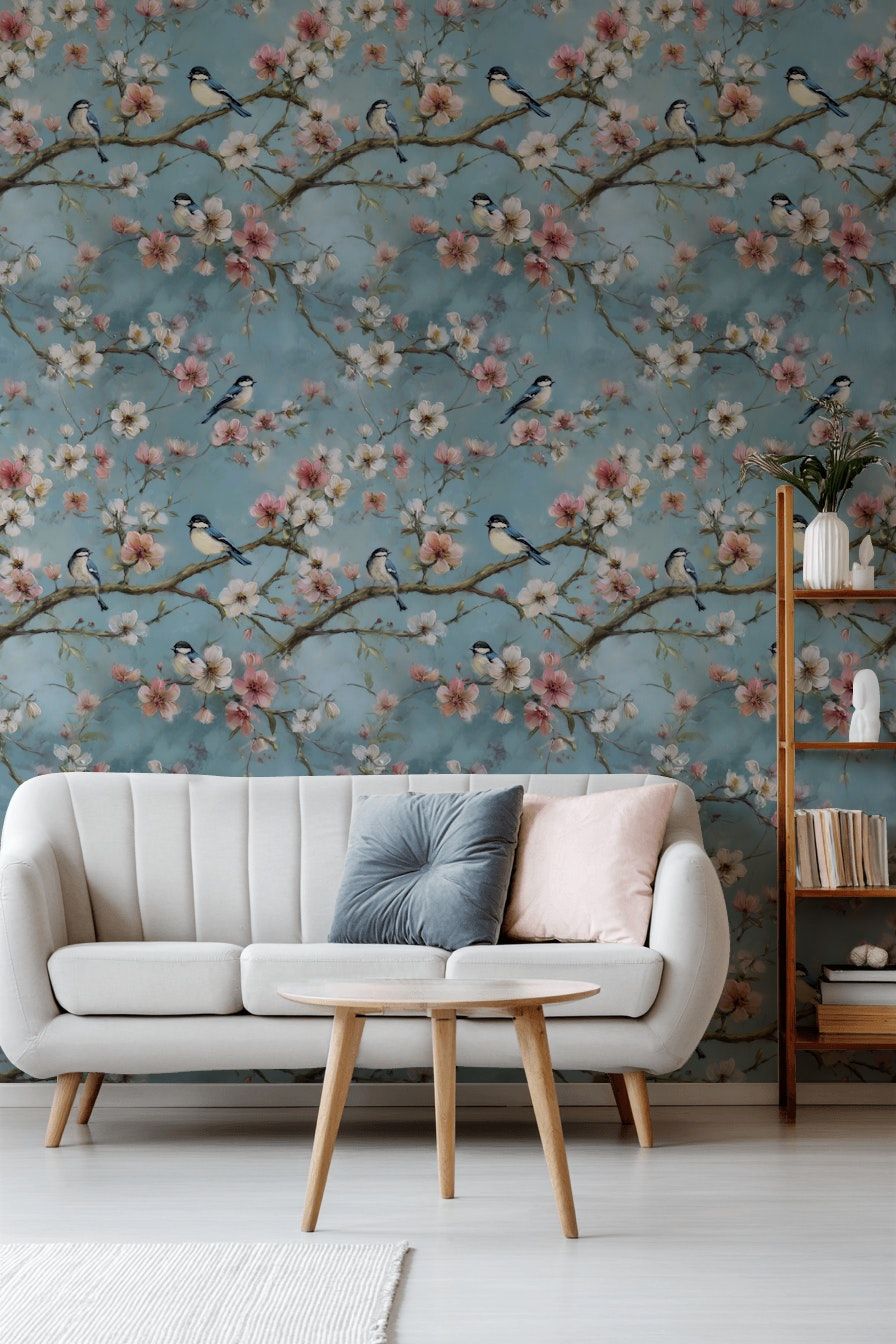 Soft Blue Cherry Blossom with Birds Wallpaper