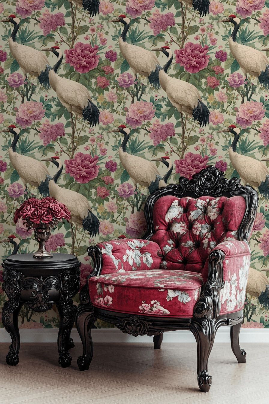 Cream Vintage Bird and Peony Floral Wallpaper