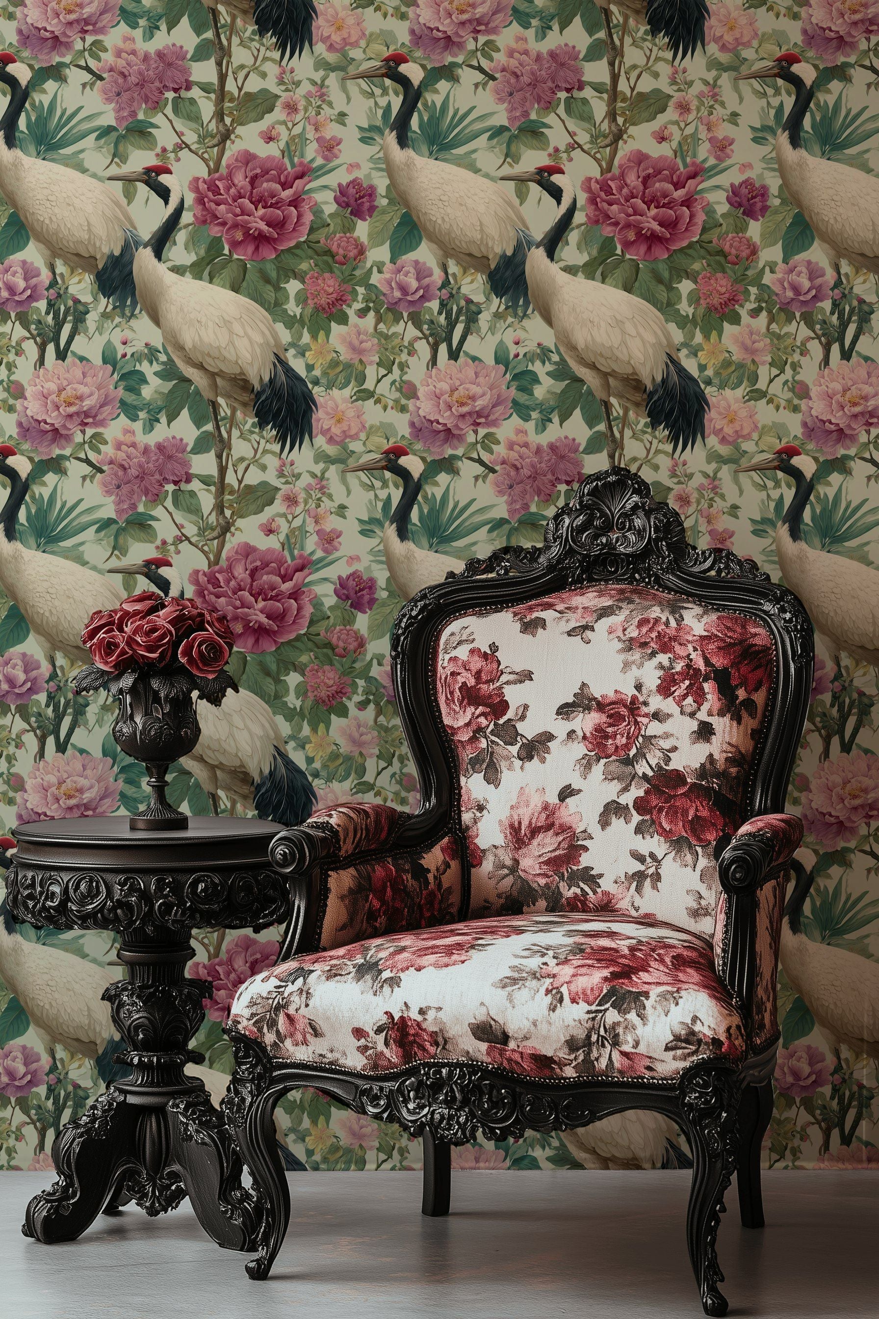 Cream Vintage Bird and Peony Floral Wallpaper