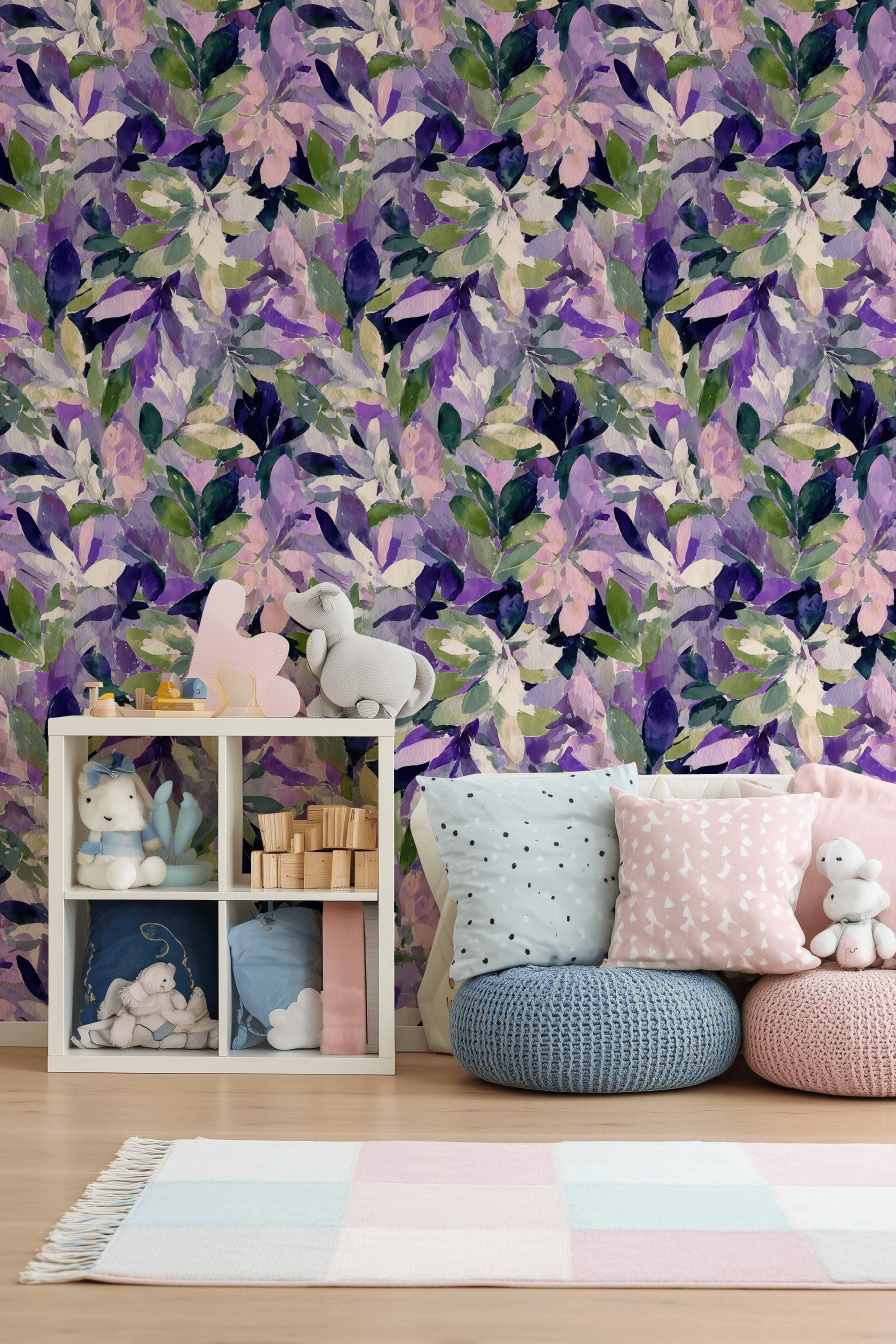 Vibrant Purple and Green Leafy Floral Wallpaper