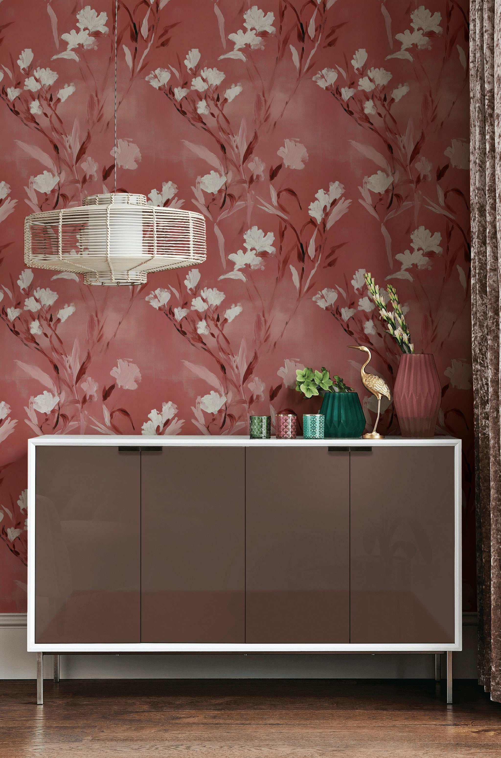 Coral and White Wildflower Pattern Wallpaper
