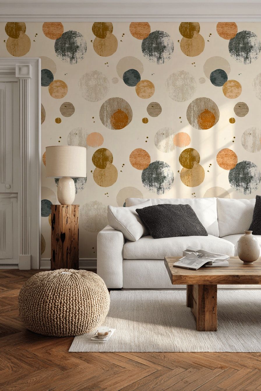 Cream Multicolor Textured Circle Geometric Wallpaper