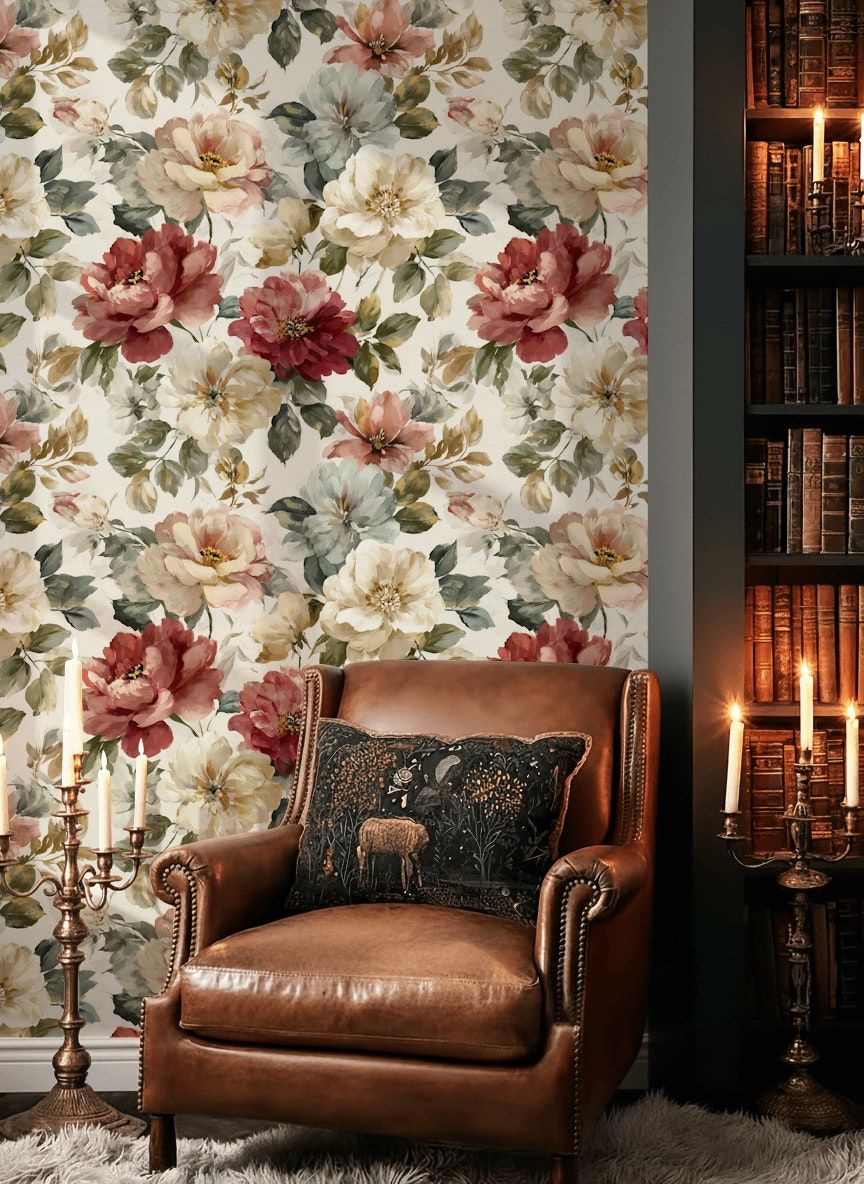 Warm Cream and Green Large Floral Wallpaper