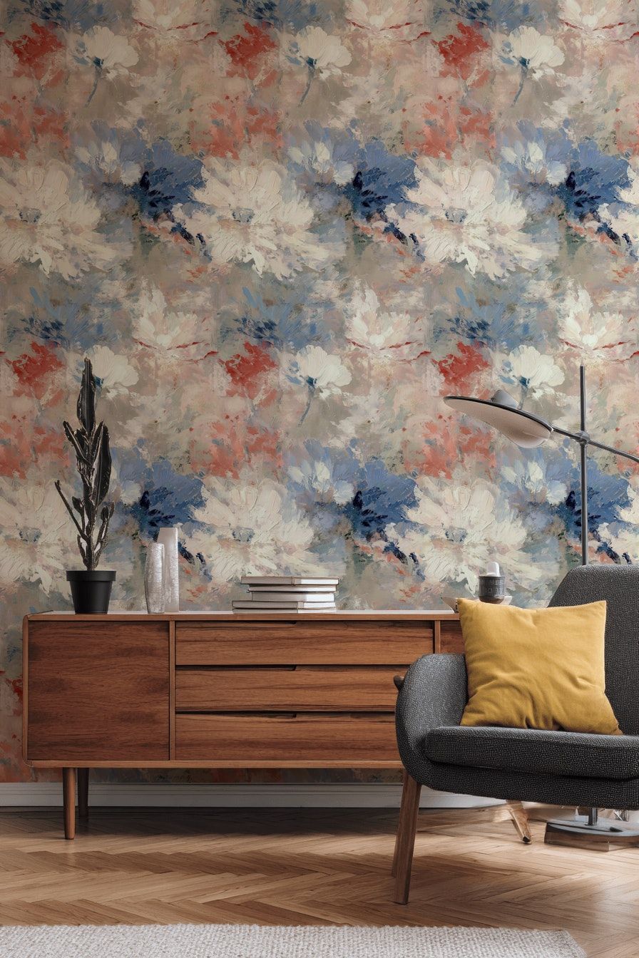 Beige and Blue Impressionist Floral Wallpaper